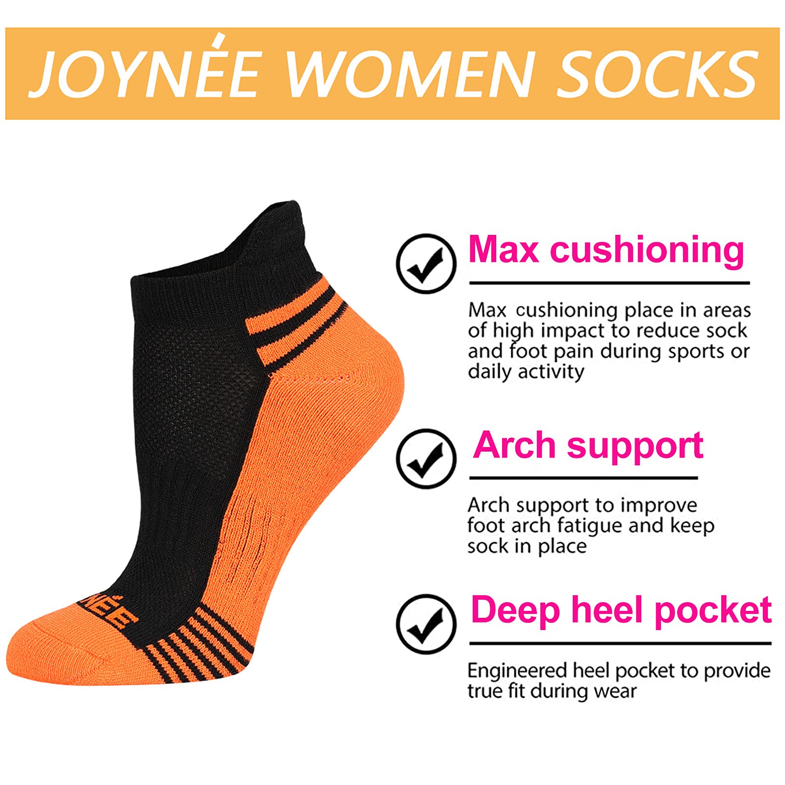 JOYNÉE Women's Ankle Cushioned Athletic Socks 6-Pack - Low Cut Running Socks with Heel Tab for Sports, Workout & Everyday Comfort