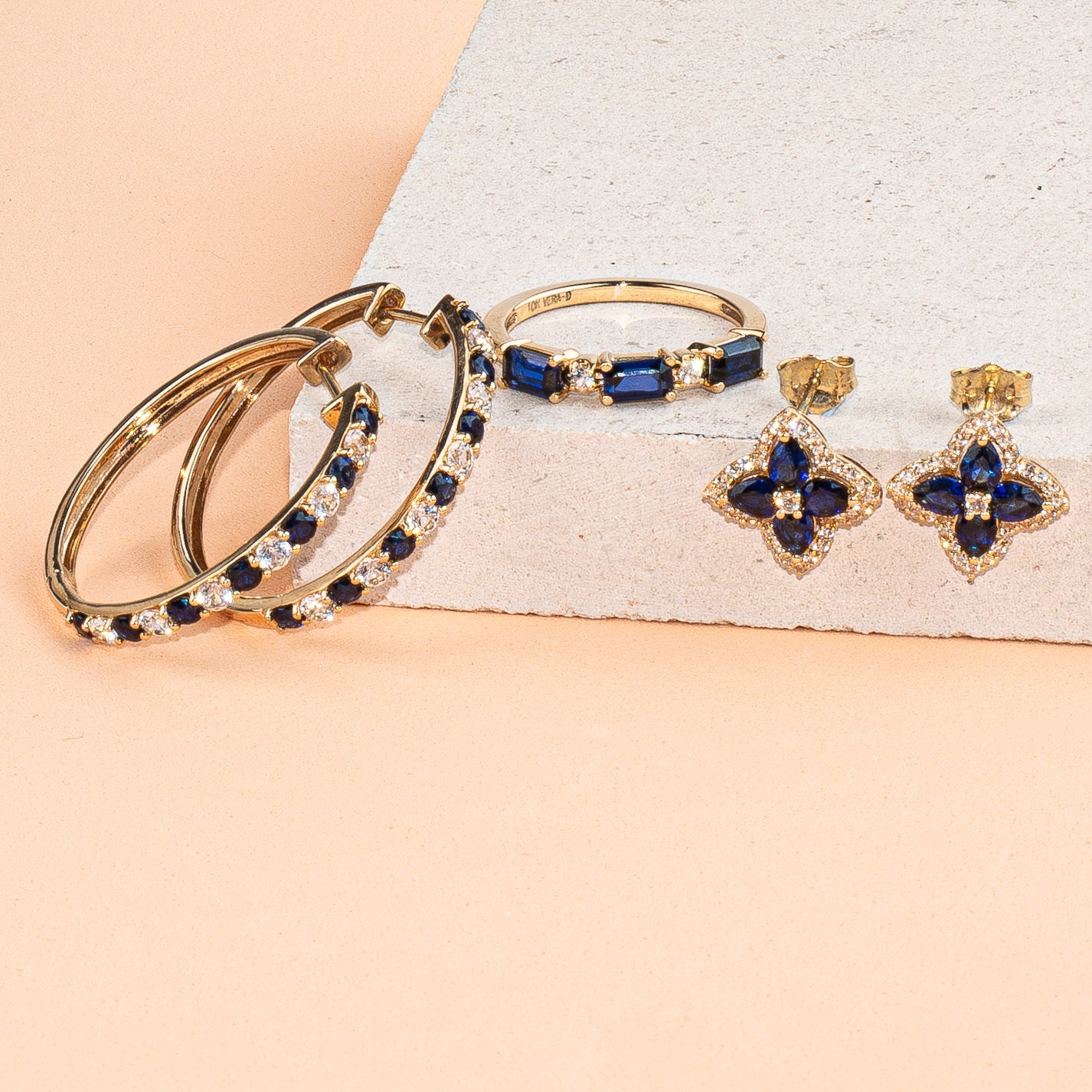 10k Yellow Gold Blue and White Sapphire Half Eternity Ring for Women - Perfect for Weddings, Anniversaries & Special Occasions
