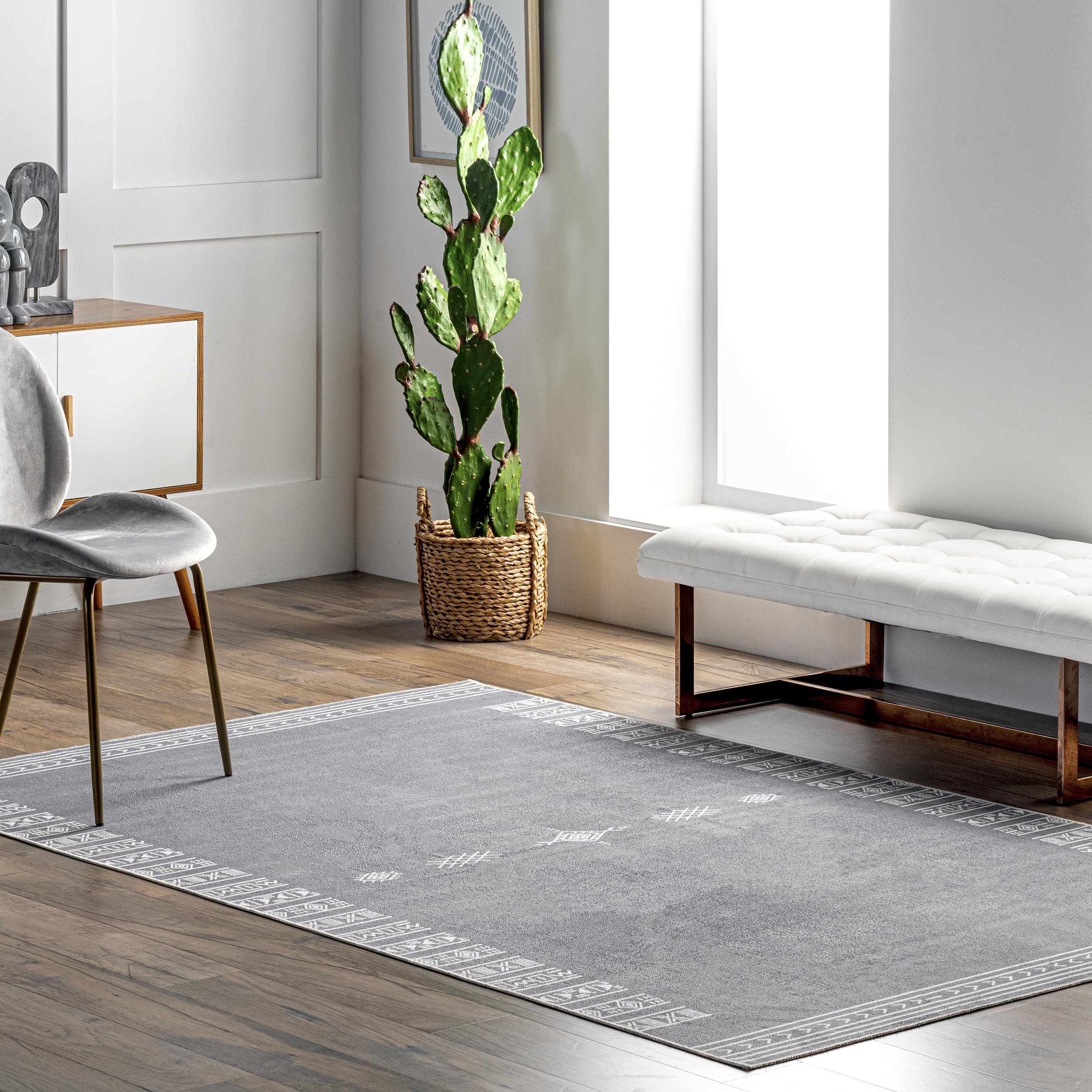 nuLOOM Arina Washable Tribal Area Rug 8' x 10' Grey - Ultra Thin Global Inspired Design for Living Room, Bedroom & Dorm Decor
