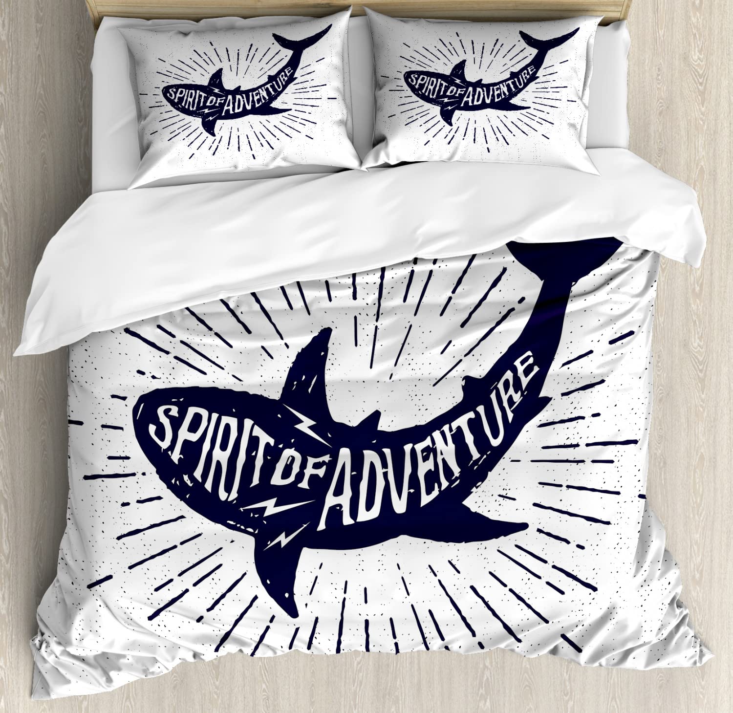 Ambesonne Shark Duvet Cover Set - King Size 2-Pack with 4 Pillowcases | Wildlife Adventure Fish Body Grunge Design in Indigo Pearl | Perfect for Shark Lovers' Bedroom & Ocean Theme Decor