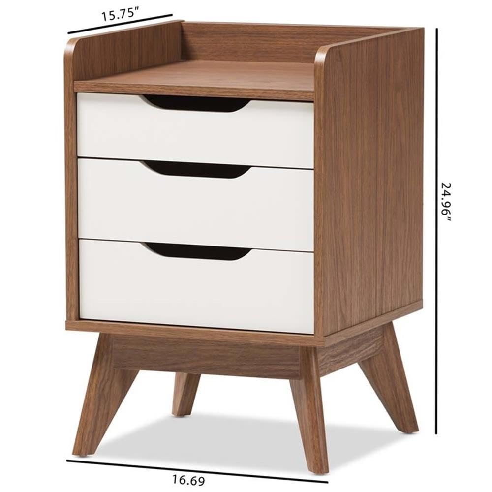 BOWERY HILL Modern 3-Drawer Nightstand - White & Walnut Finish Bedside Table for Bedroom, Living Room, or Guest Room - Compact Storage Solution with Smooth Gliding Drawers