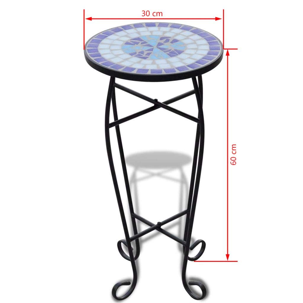 FAMIROSA Blue and White Mosaic Side Table - Small End Table for Plants, Living Room, Bedroom, or Patio Decor