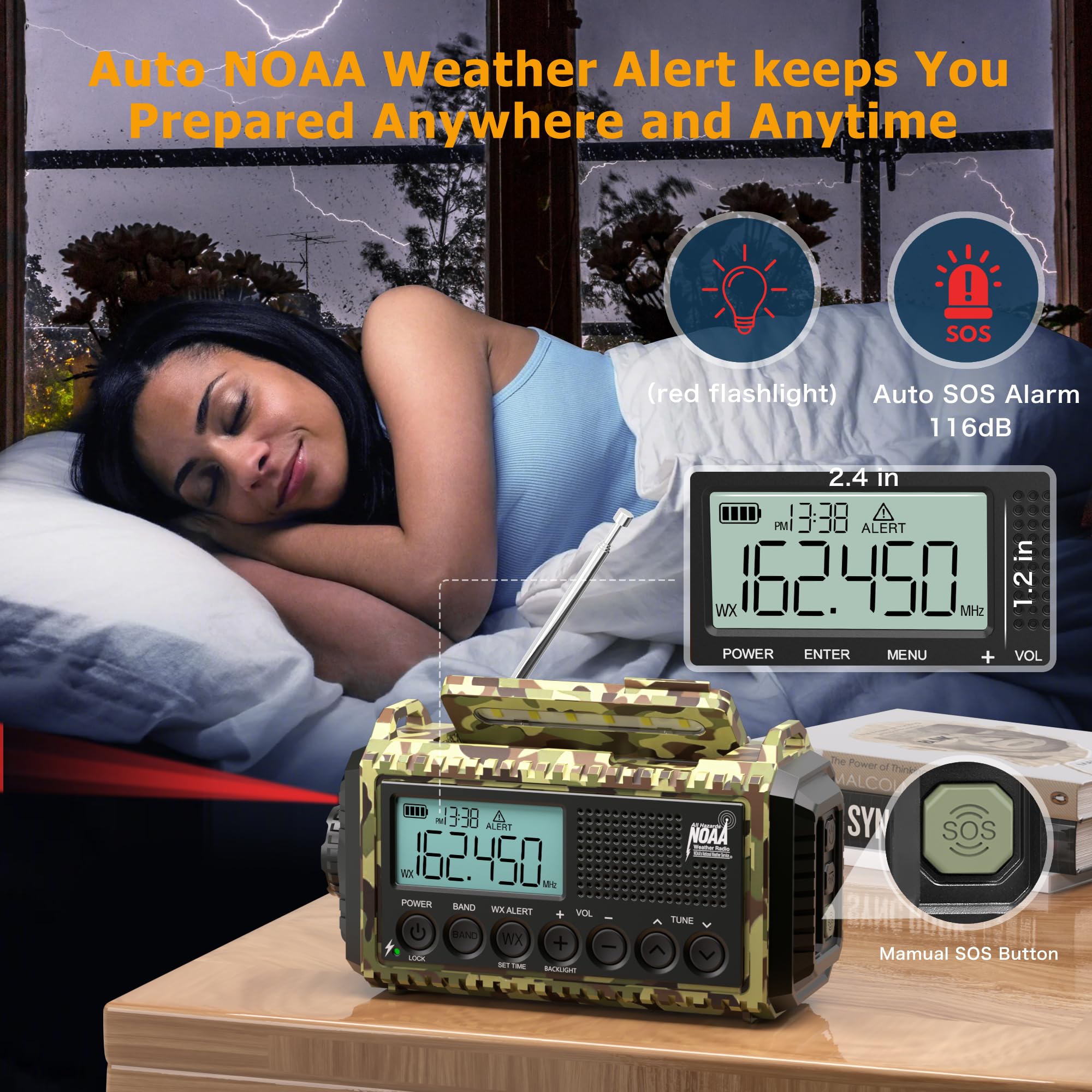 12000mAh/44400mWh Solar Hand Crank Emergency Weather Radio - Portable AM/FM/Shortwave NOAA Weather Alert Radio with USB-C Charger, SOS Flashlight & Power Bank - Perfect for Camping, Hiking, and Emergency Preparedness