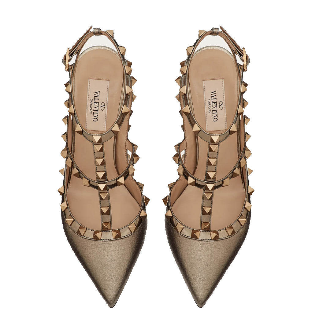 Valentino Rockstud Slingback Heels - Metallic Leather Pointed Toe Pumps with Studded Straps | Women's Luxury Dress Shoes for Party, Wedding & Evening Events