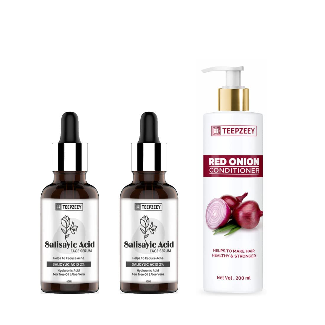 Teepzeey Red Onion Hair Conditioner 200ml & Salicylic Acid Face Serum 40ml for Acne, Blackheads & Pore Minimizing - 2 Piece Skincare Set for Hair Growth & Clear Skin - Perfect for Daily Hair Care & Acne Treatment Routine