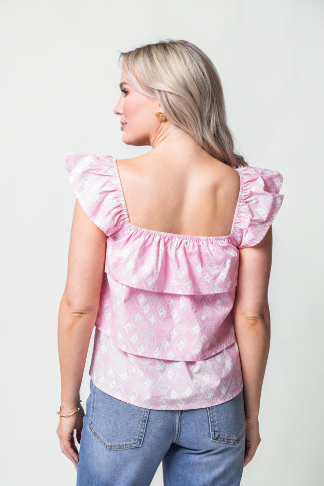 Wonderful Wildflowers Pink Print Button Front Tiered Tank Top - Floral Summer Blouse for Women - Perfect for Casual Outings & Beach Vacations