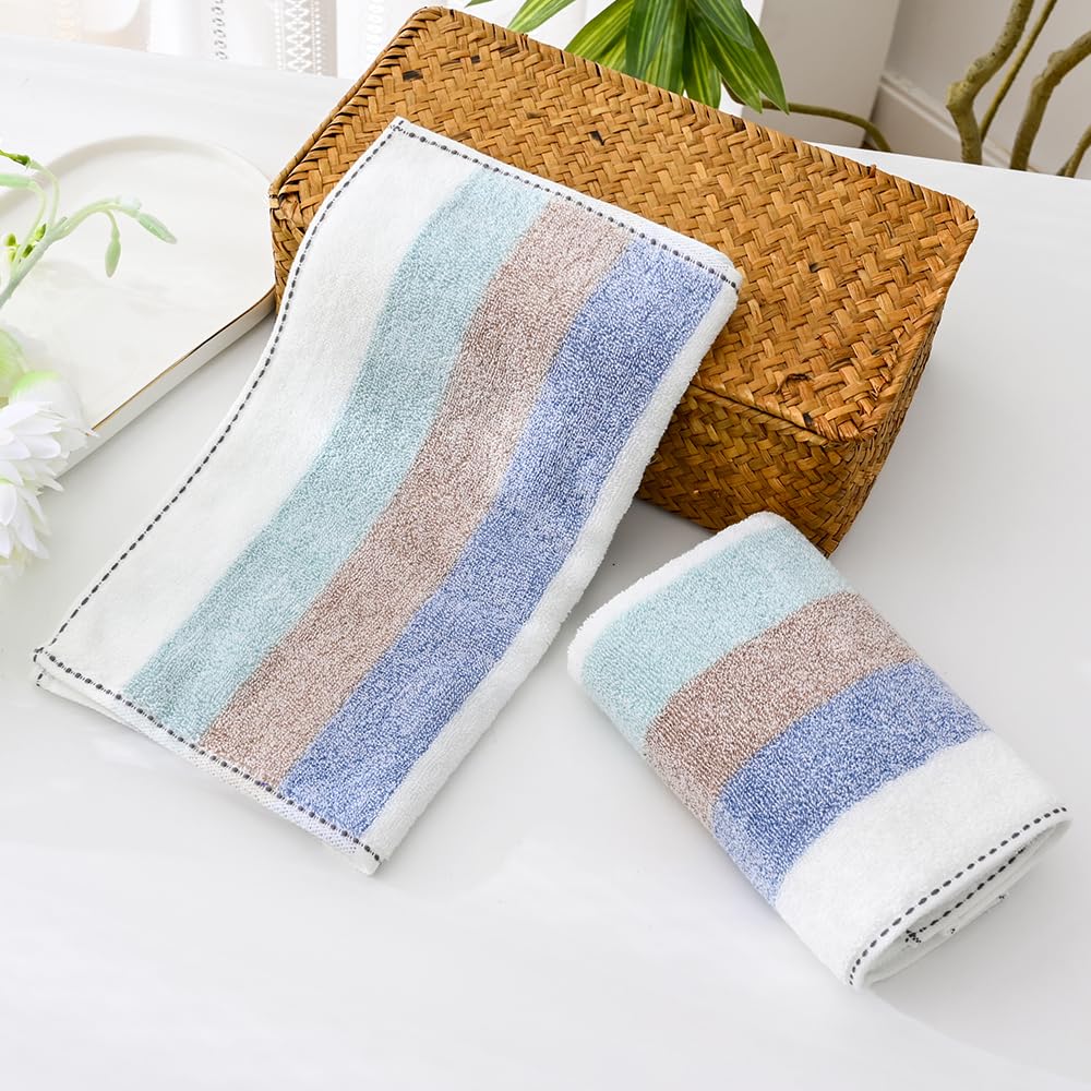 YiLUOMO 2-Pack Blue Striped Cotton Hand Towels - 13x29 Inch, 100% Premium Soft & Absorbent Bath Towels for Kitchen, Bathroom & Guest Use - Quick-Drying Decorative Towel Set for Spa, Gym & Home Decor