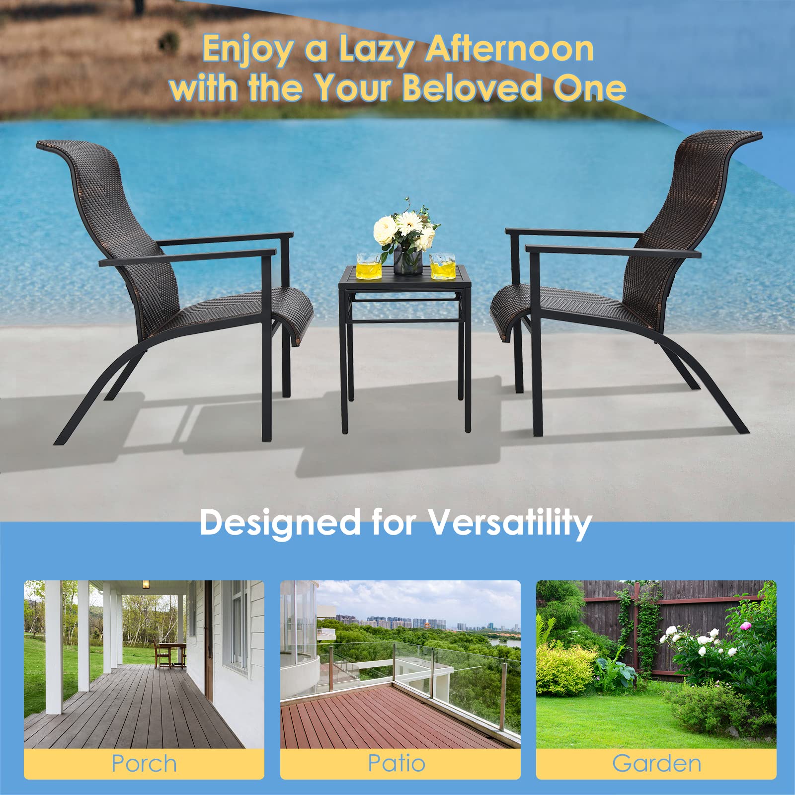 Tangkula 3-Piece Outdoor Bistro Set - PE Wicker Chairs & Coffee Table, Rust-Resistant Steel Frame, High Back Support - Perfect for Patio, Garden, Poolside, Deck or Backyard (Mix Brown) | Outdoor Dining & Relaxation Furniture