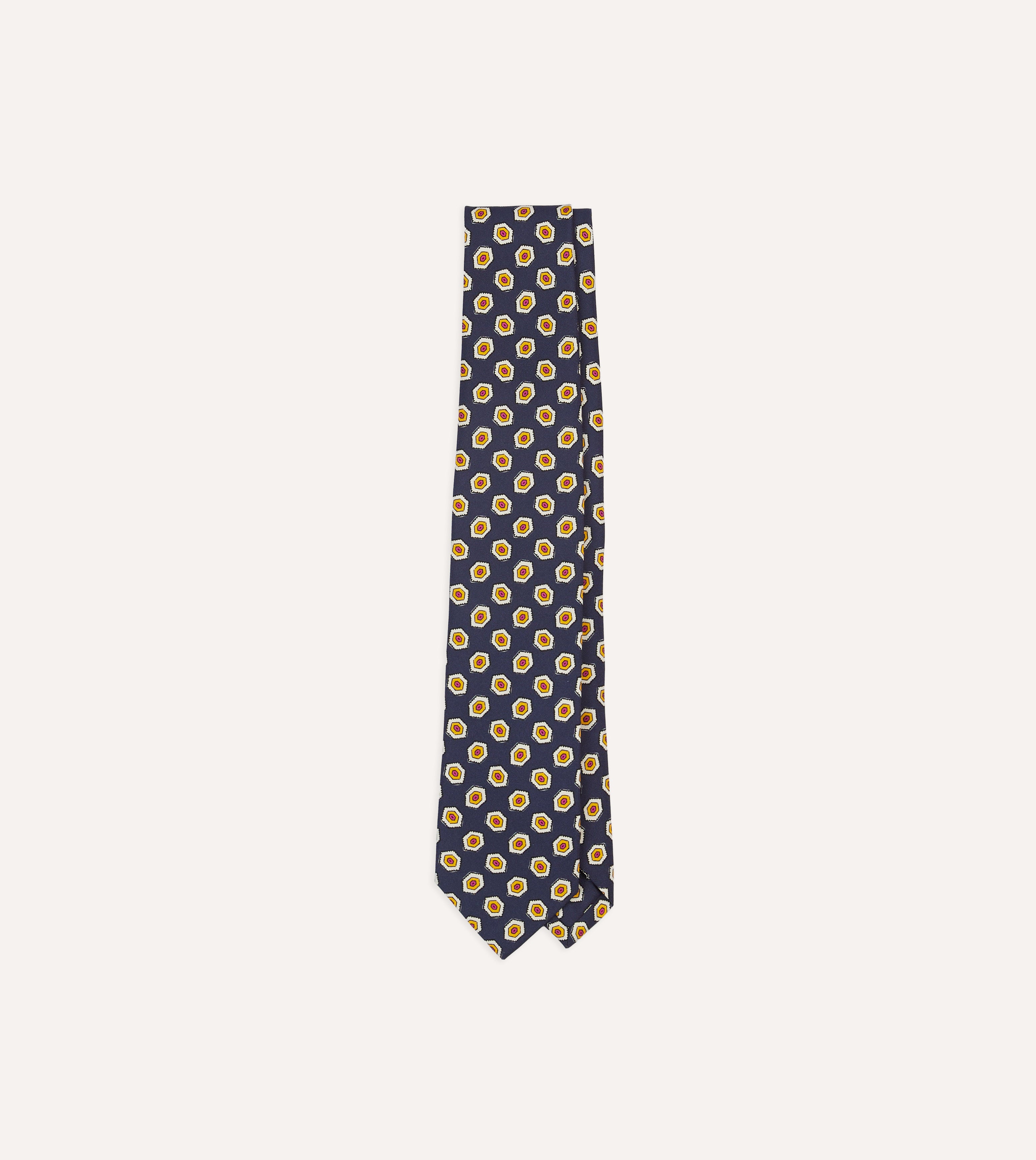 Navy Blue Hexagon Pattern Silk Necktie with Self-Tipped End - Perfect for Business Meetings, Weddings & Formal Events