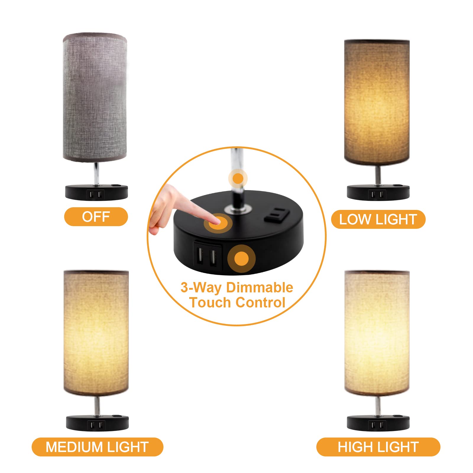 Touch Control Table Lamps Set of 2 - 3-Way Dimmable Bedside Desk Lamps with 2 USB Ports & AC Outlet - 60W LED Bulb Included - Modern Nightstand Lamps for Bedroom, Living Room, Office (Gray) - Perfect for Reading, Working & Creating Cozy Ambiance
