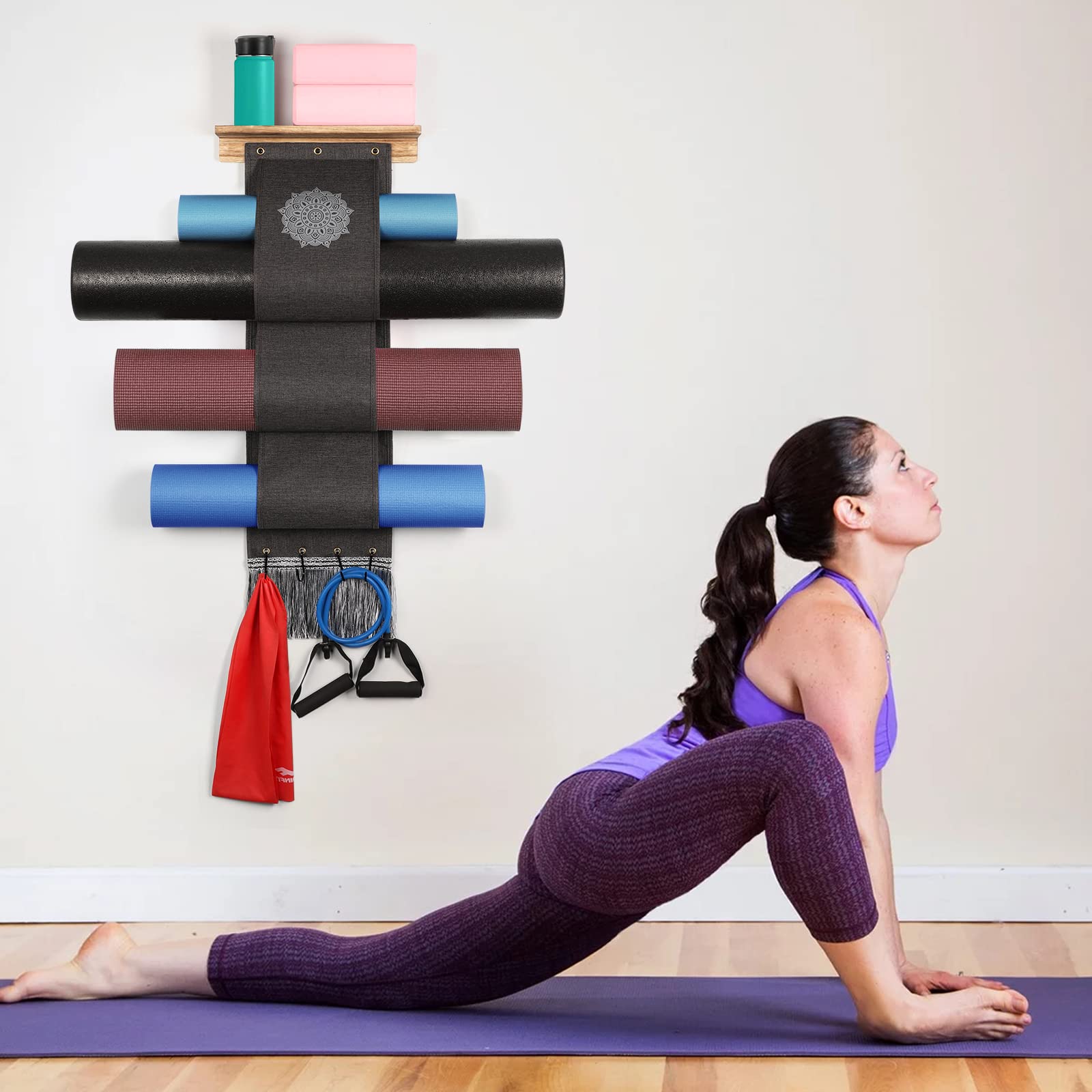 Premium Yoga Mat Holder Wall Mount Organizer - 4 Hooks & Wooden Shelves for Foam Rollers, Towels & Resistance Bands - Space-Saving Home Gym, Yoga Studio & Office Storage Solution