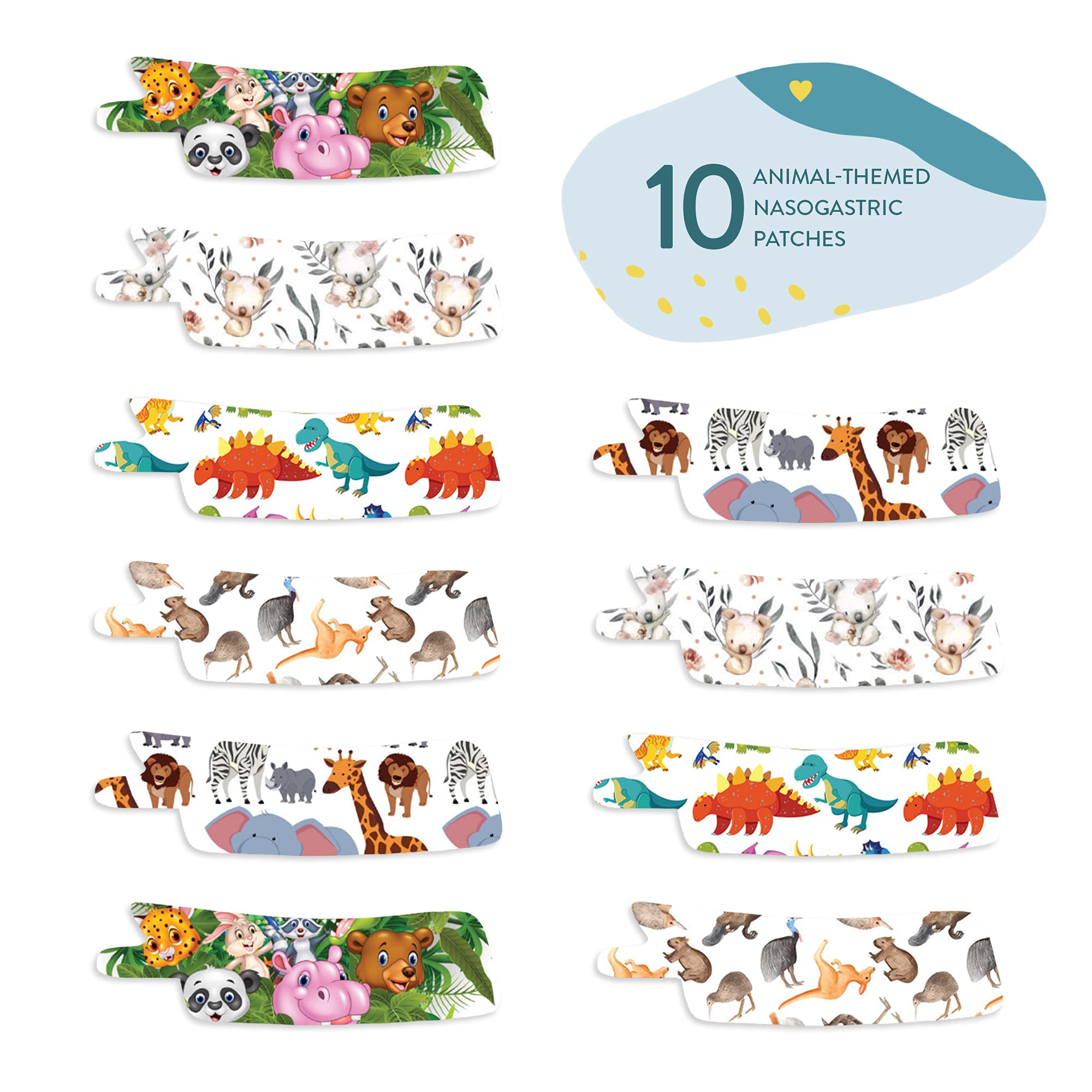 Precut Adhesive Tape for Nasogastric & Oxygen Tubes - 10 Pack Animal Mix (Left Side) - Secure Medical Tubes for Pets & Small Animals