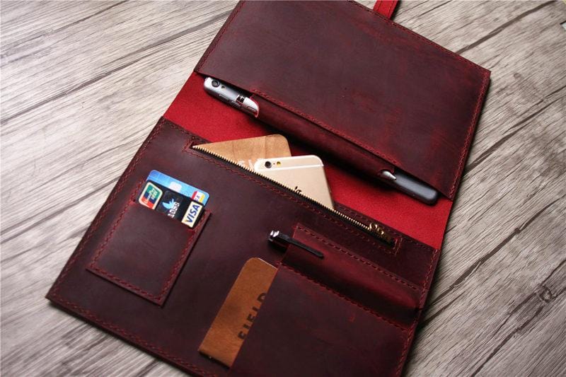 Custom Leather iPad Mini Case with Pencil Holder - Personalized Name Engraving - Perfect for Work, Travel & School Organization