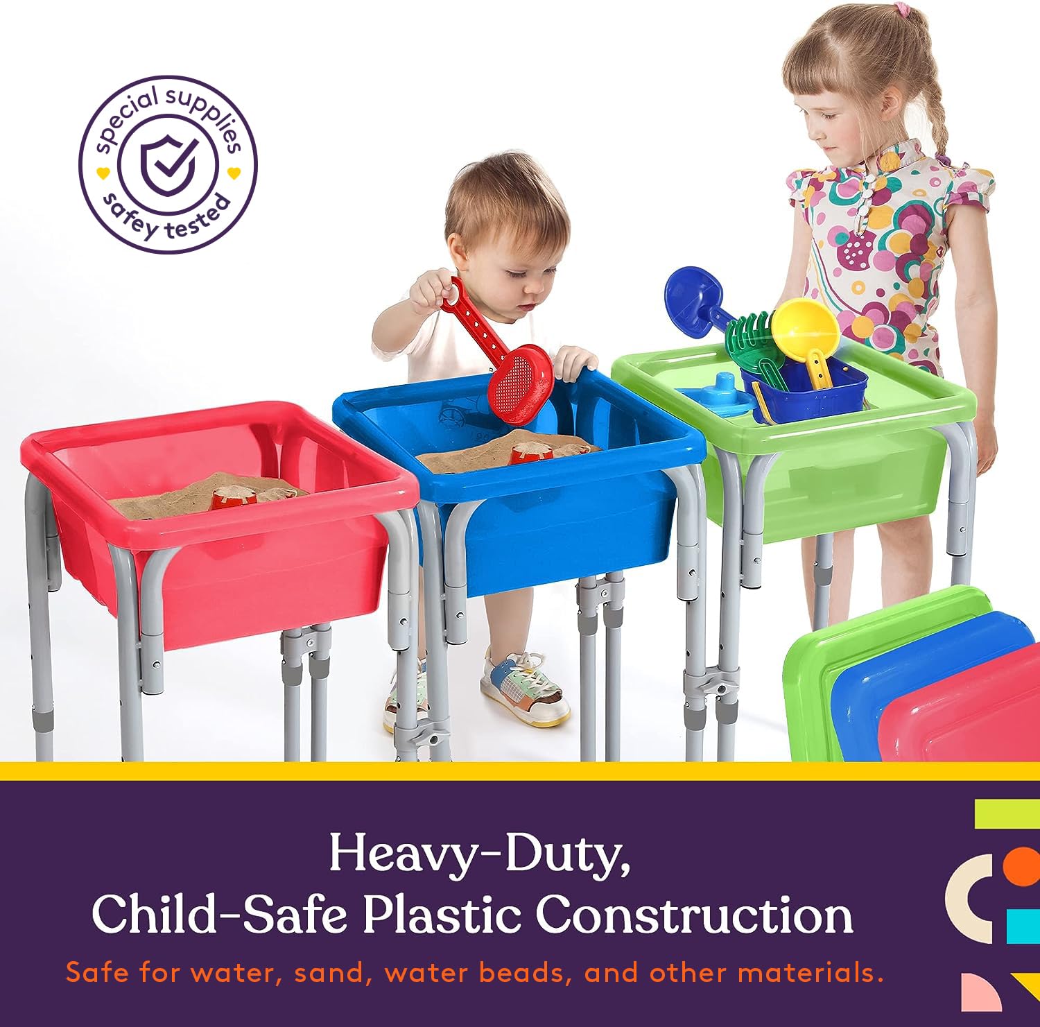 Sensory Activity Table for Kids & Toddlers - 3 Plastic Buckets, Easy Build Frame & 7 Beach Toys for Water, Sand & STEM Play | Interactive Learning Toy for Preschool, Daycare & Home Use