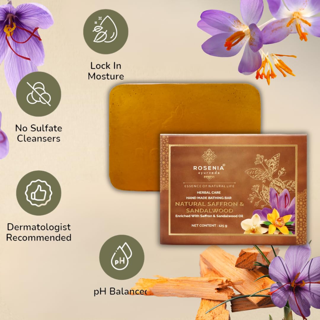 Rosenia Ayurveda Natural Saffron & Sandalwood Handmade Soap Bar | Organic Skincare for Dry & Sensitive Skin | Perfect for Daily Bathing, Spa & Gift Sets