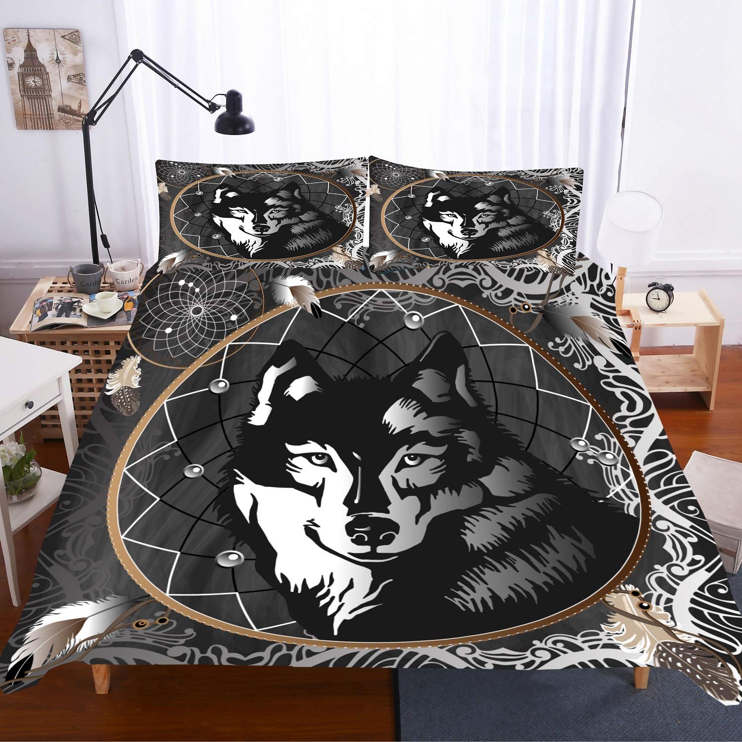 PATATINO MIO Christmas Wolf Bedding Set Twin Size - 3D Microfiber Wolf Dreamcatcher Print Duvet Cover & Pillowcase (2-Piece Set, Black/White) - Cozy Winter Bedroom Decor for Kids & Teens