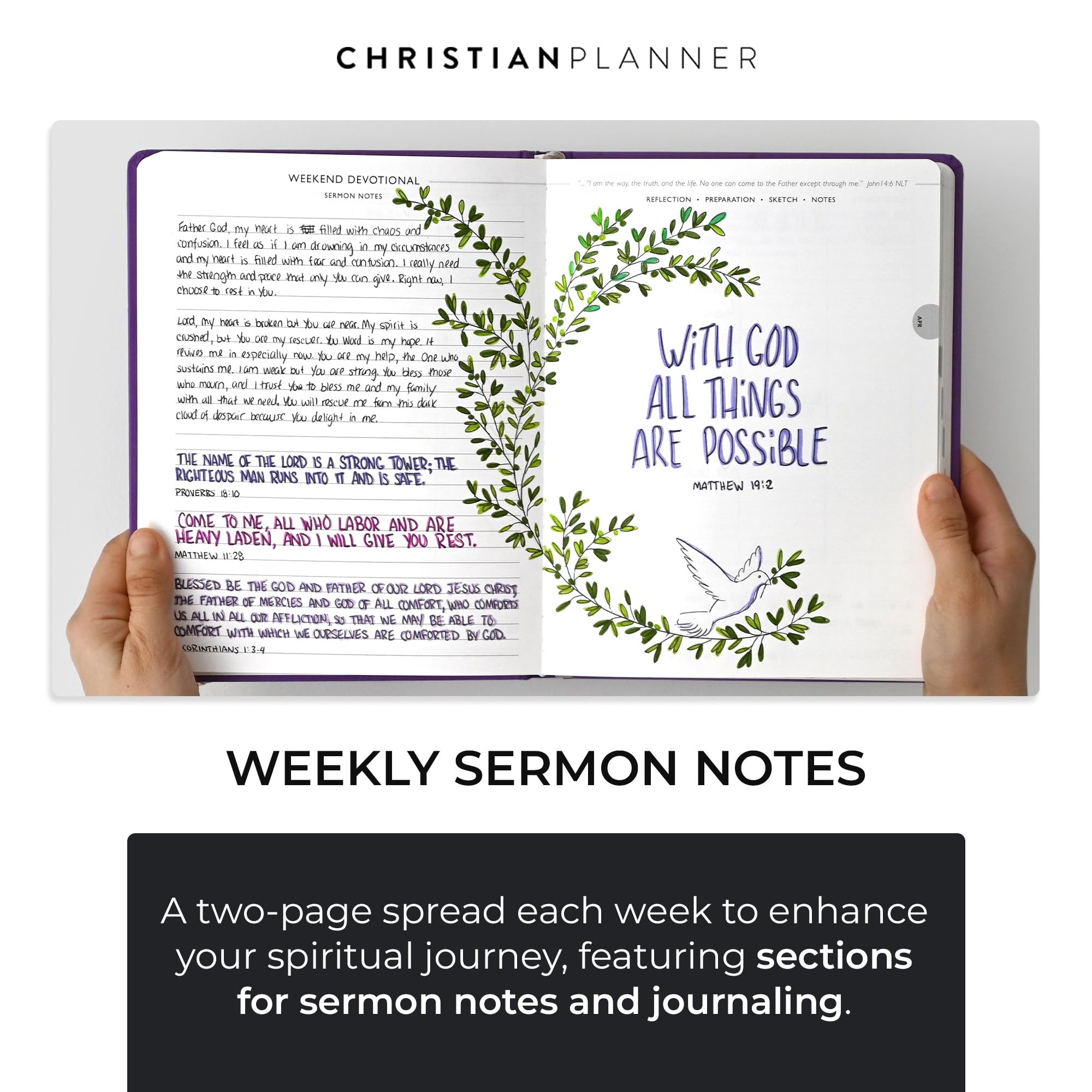2025 Christian Planner - Spiral Bound Bible Journal & Gratitude Notebook with FSC Certified Eco Paper, 7x10 Inch - Monthly/Weekly/Daily Organizer for Prayer, Scripture Study & Goal Tracking (Fern Green)