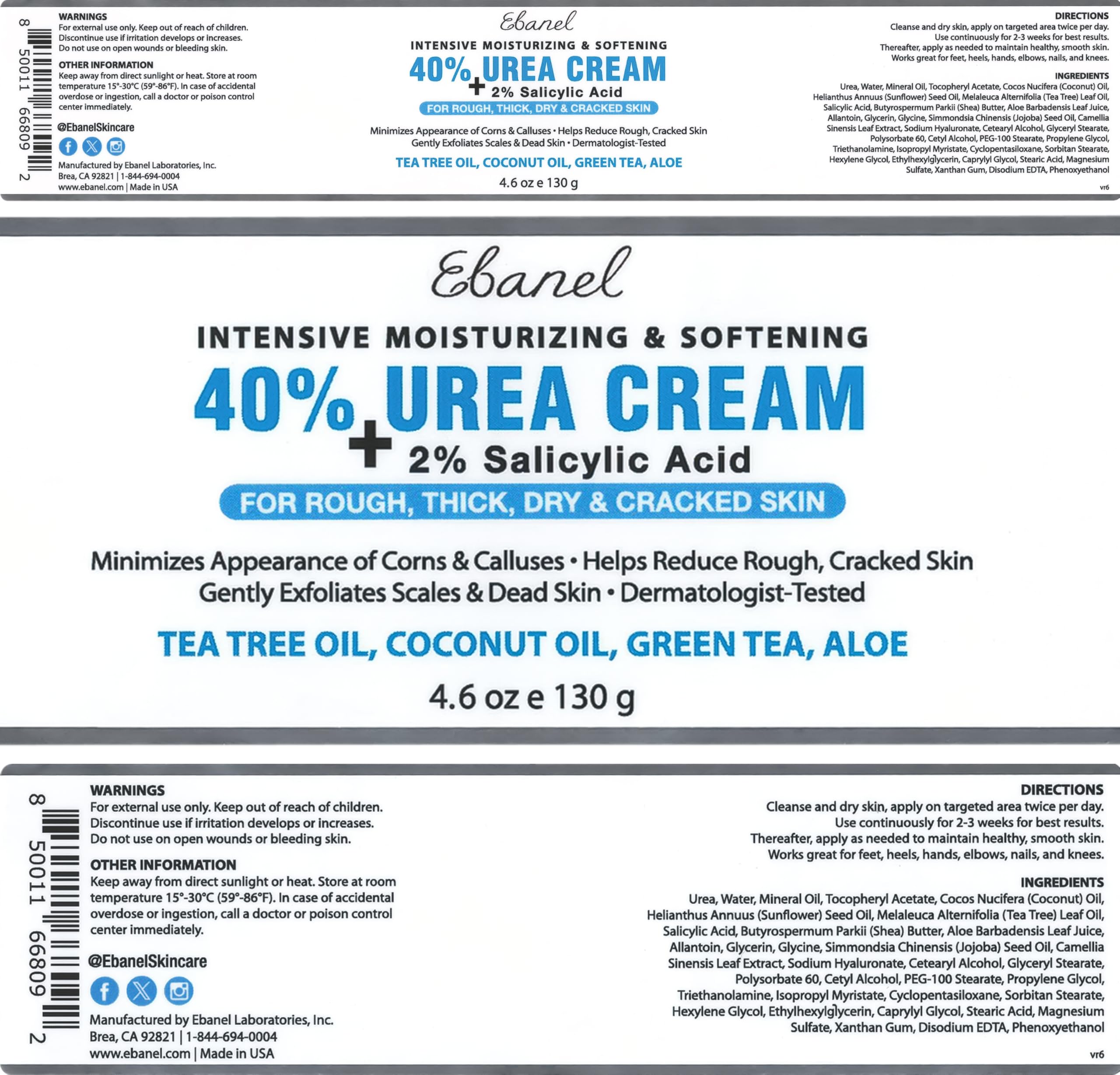 Ebanel 40% Urea Cream with 2% Salicylic Acid - Intensive Foot Repair for Dry Cracked Heels, Callus Remover & Skin Softener - Keratolytic Treatment for Hands, Knees & Elbows - Perfect for Pedicures & Cracked Skin Relief