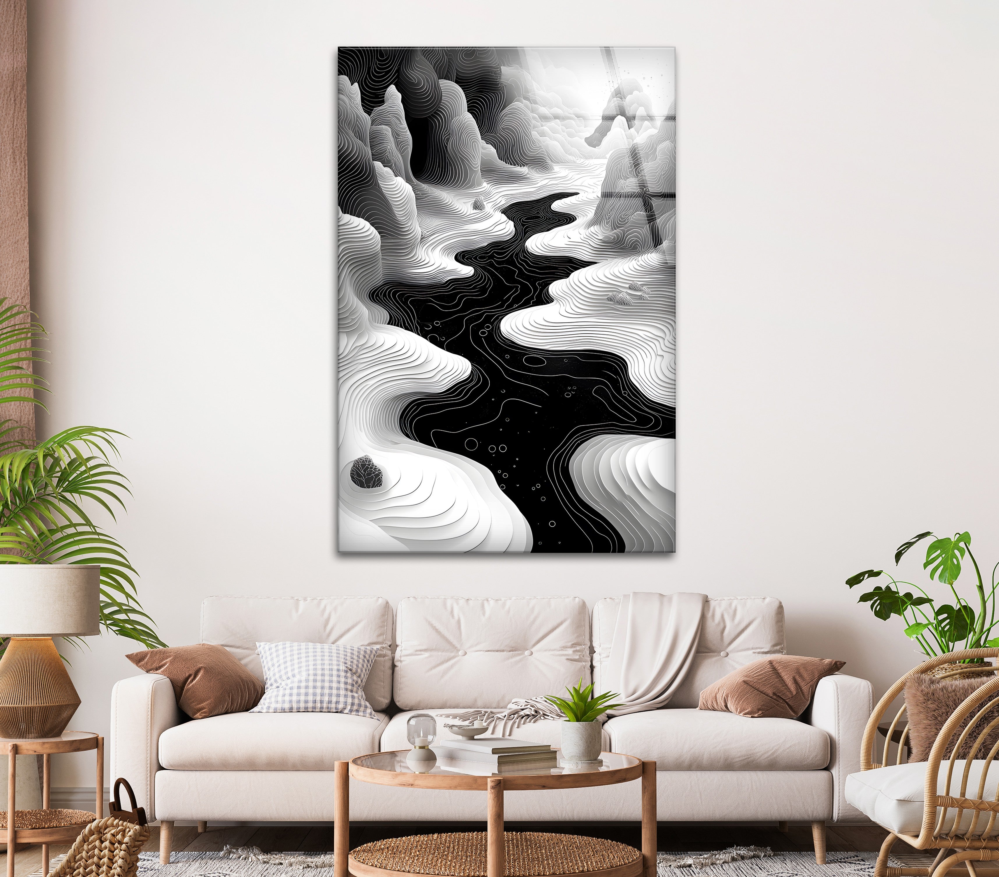 Abstract Black & White Landscape Wall Art - Modern Geometric Canvas Print for Living Room & Office Decor