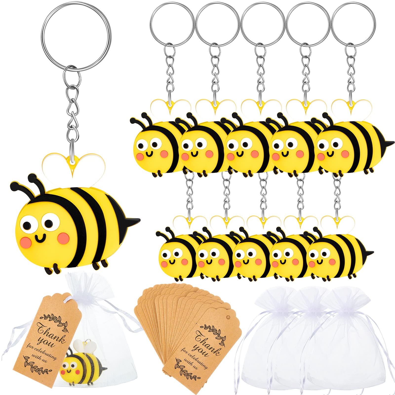 Bonuci 90 Pcs Cute Bee Party Favors Set - Includes Bee Keychains, Goodie Bags, Thank You Cards & Organza Gift Bags - Perfect for Birthday Parties, Baby Showers & Bee Theme Events
