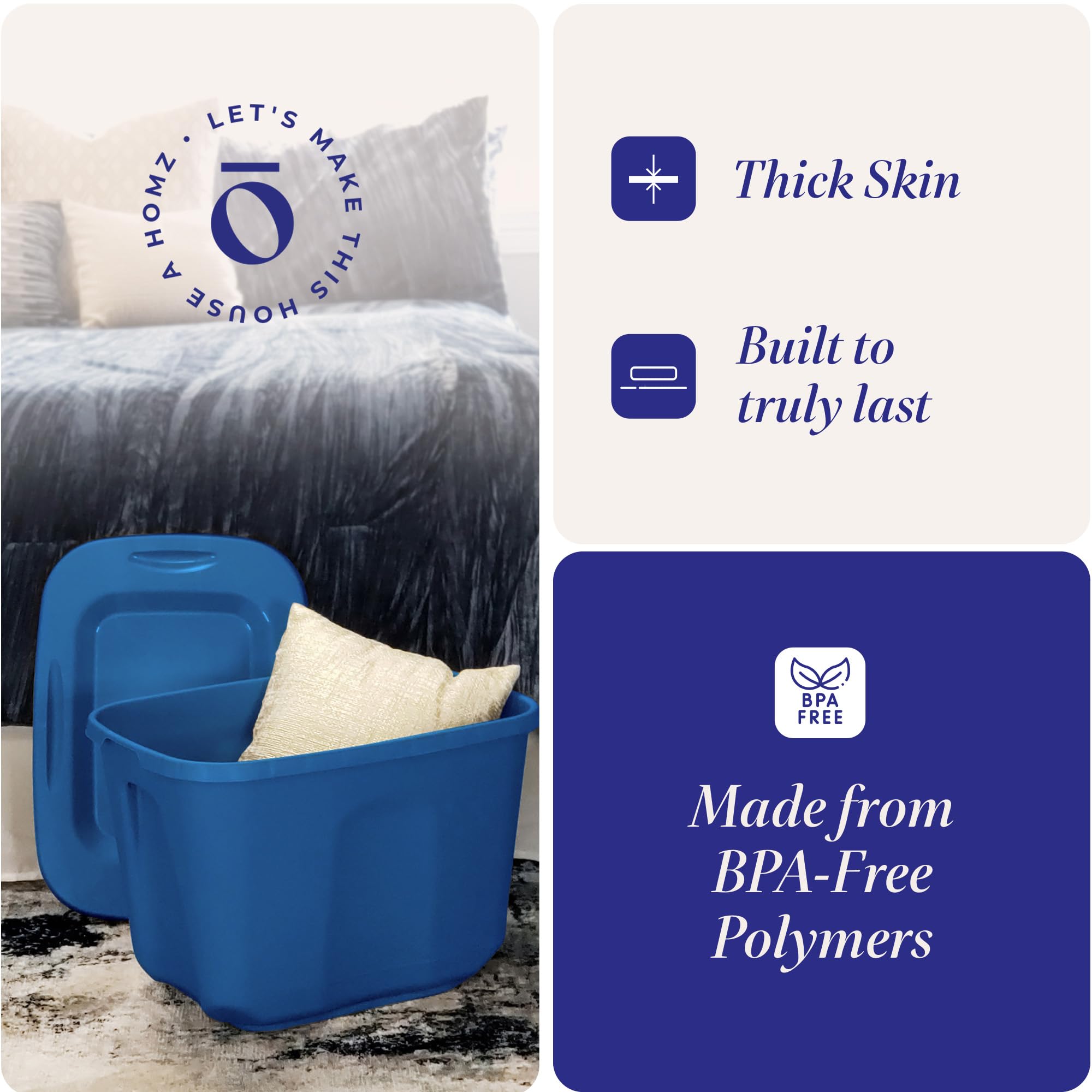 HOMZ 8-Pack Heavy Duty Plastic Storage Bins - 10 Gallon Organizing Containers for Home, Garage & Closet - Durable Stackable Blue Bins for Toys, Clothes & Household Items