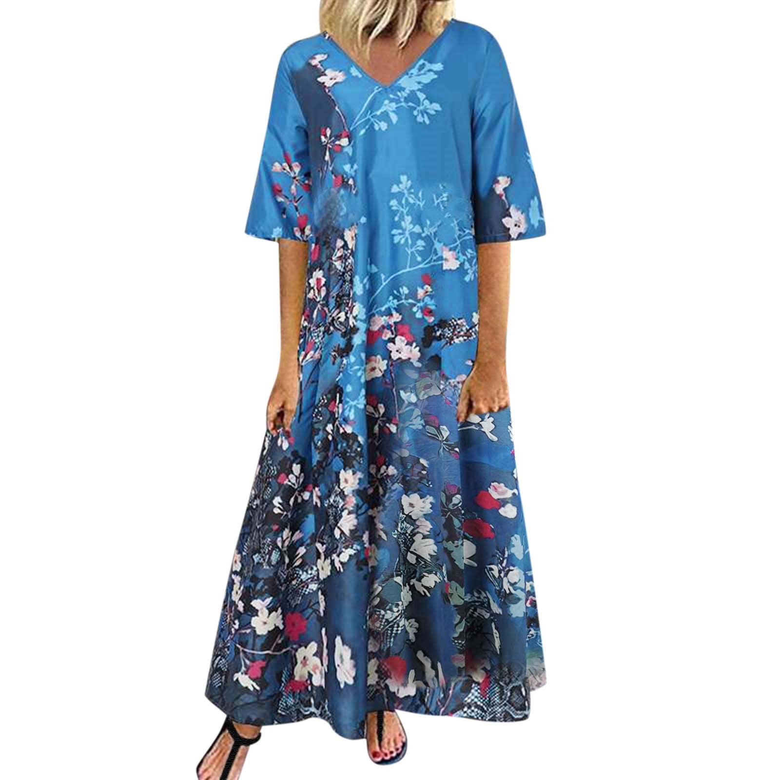 Women's Summer Maxi Dress - Short Sleeve V-Neck Casual Loose Long Beach Split Dress for Women | Perfect for Beach Vacations, Pool Parties & Summer Outings