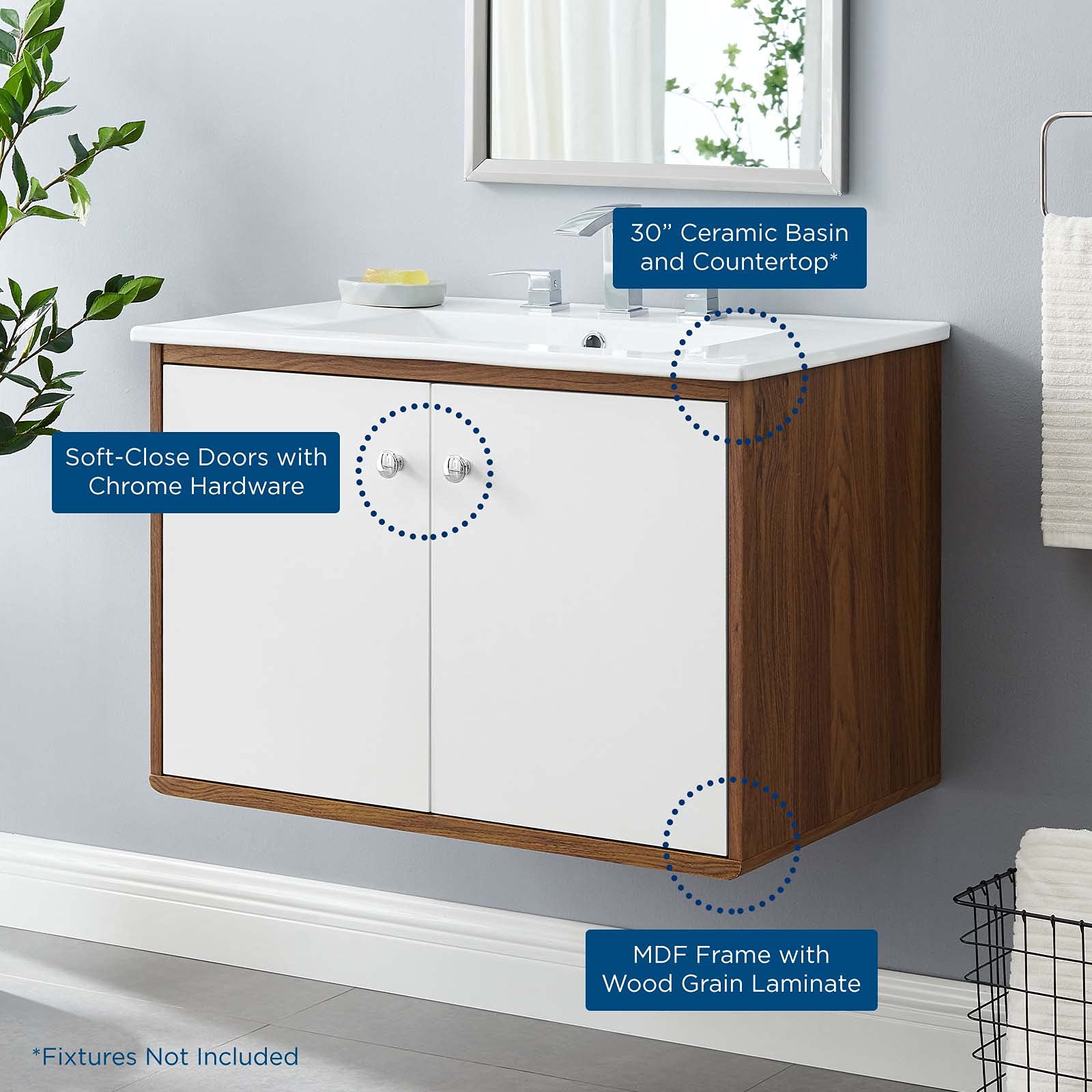 Modern Wall Mounted Sink Vanity Cabinet - Brown Walnut & White Wood Bathroom Storage - Perfect for Hotel, Spa & Contemporary Home Bathroom Design