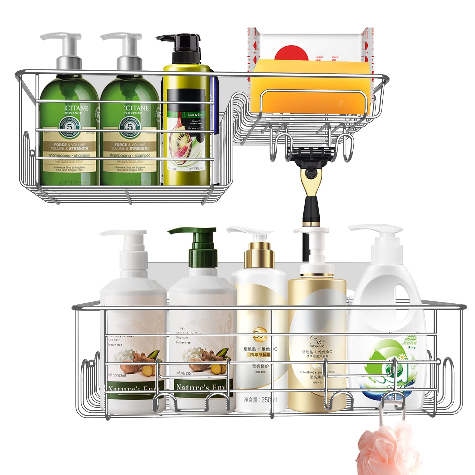 Stainless Steel Shower Caddy with Soap Dish & Hooks - No Drill Adhesive Bathroom Shelf Organizer - 2 Pack Silver SUS304 Storage for Bathroom & Kitchen - Perfect for Small Spaces, Apartment Living & College Dorms