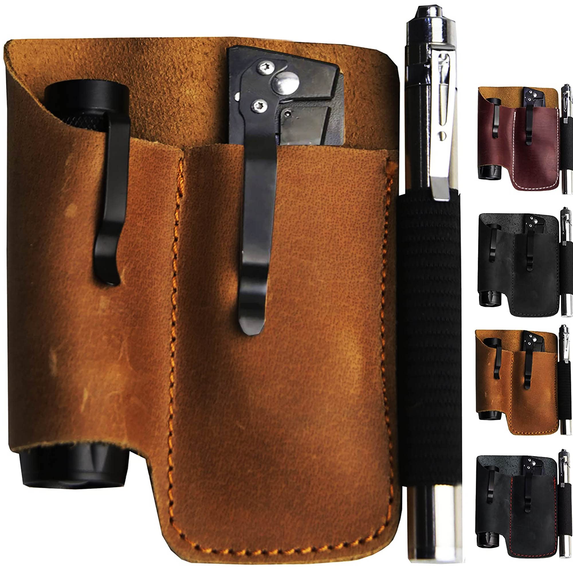 Razian Vintage Full Grain Buffalo Leather EDC Pocket Organizer Pouch - Multitool & Folding Knife Holder, Mini Flashlight Carrier - Perfect for Everyday Carry, Outdoor Adventures & Tactical Gear Organization