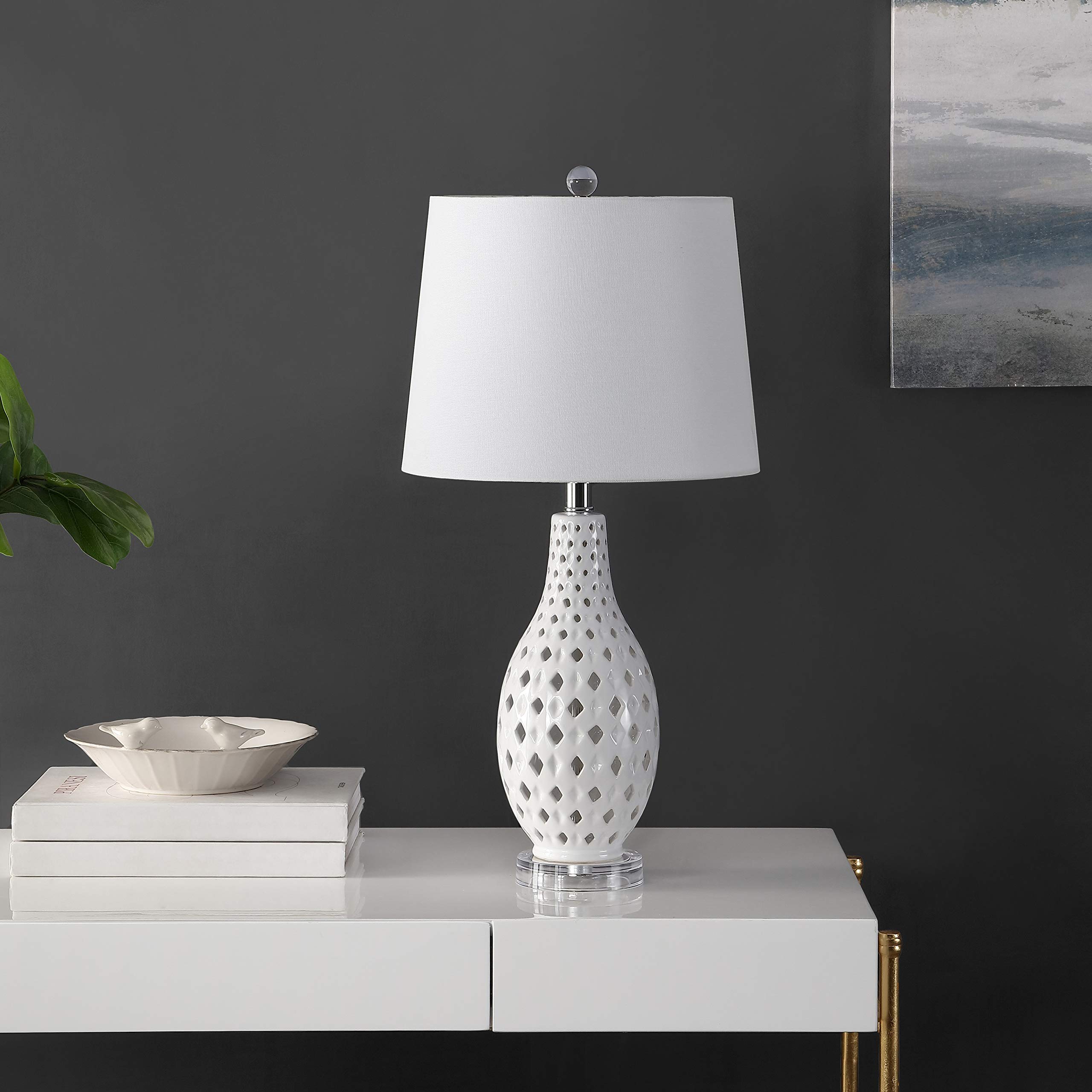 SAFAVIEH Harlem Trellis White Ceramic Table Lamp - 26 Inch Modern LED Desk Lamp for Bedroom, Living Room & Home Office - Nightstand Lighting with Included LED Bulb - Perfect for Reading, Working & Ambient Lighting