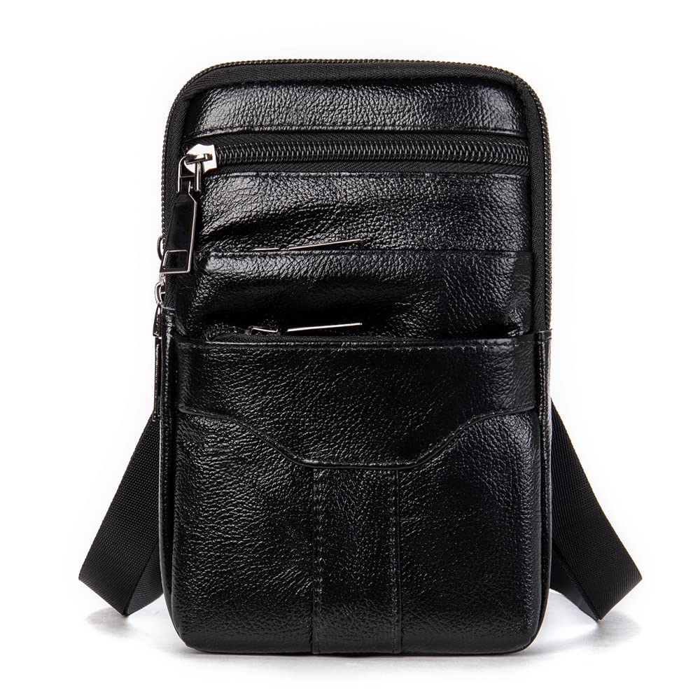 Premium Leather Shoulder Holster for Cell Phone & Mini Tablet - Black Vertical Messenger Bag with Belt Clip & Carabiner - Ideal for Travel, Work & Outdoor Activities