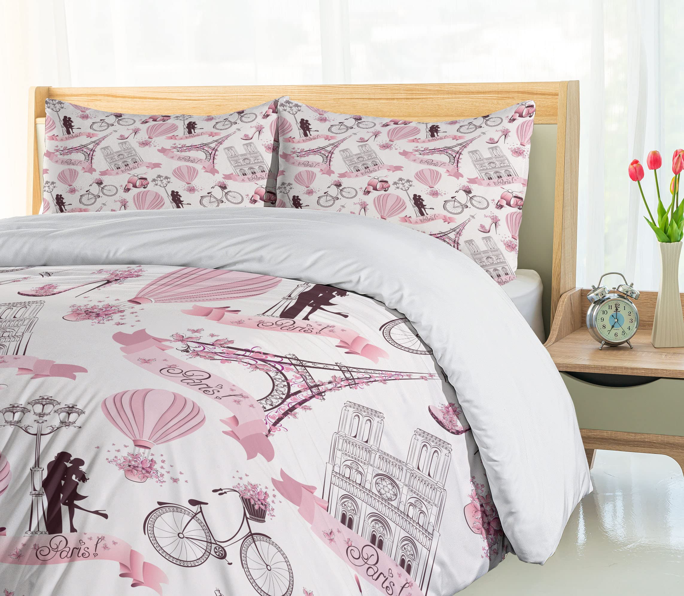 Ambesonne Paris Themed Duvet Cover Set - Eiffel Tower, Hot Air Balloon & Romantic Flowers Design, 3-Piece California King Bedding with 2 Pillow Shams in Pale Pink & White | Perfect for Honeymoon Decor, Travel Enthusiasts & French-Themed Bedrooms