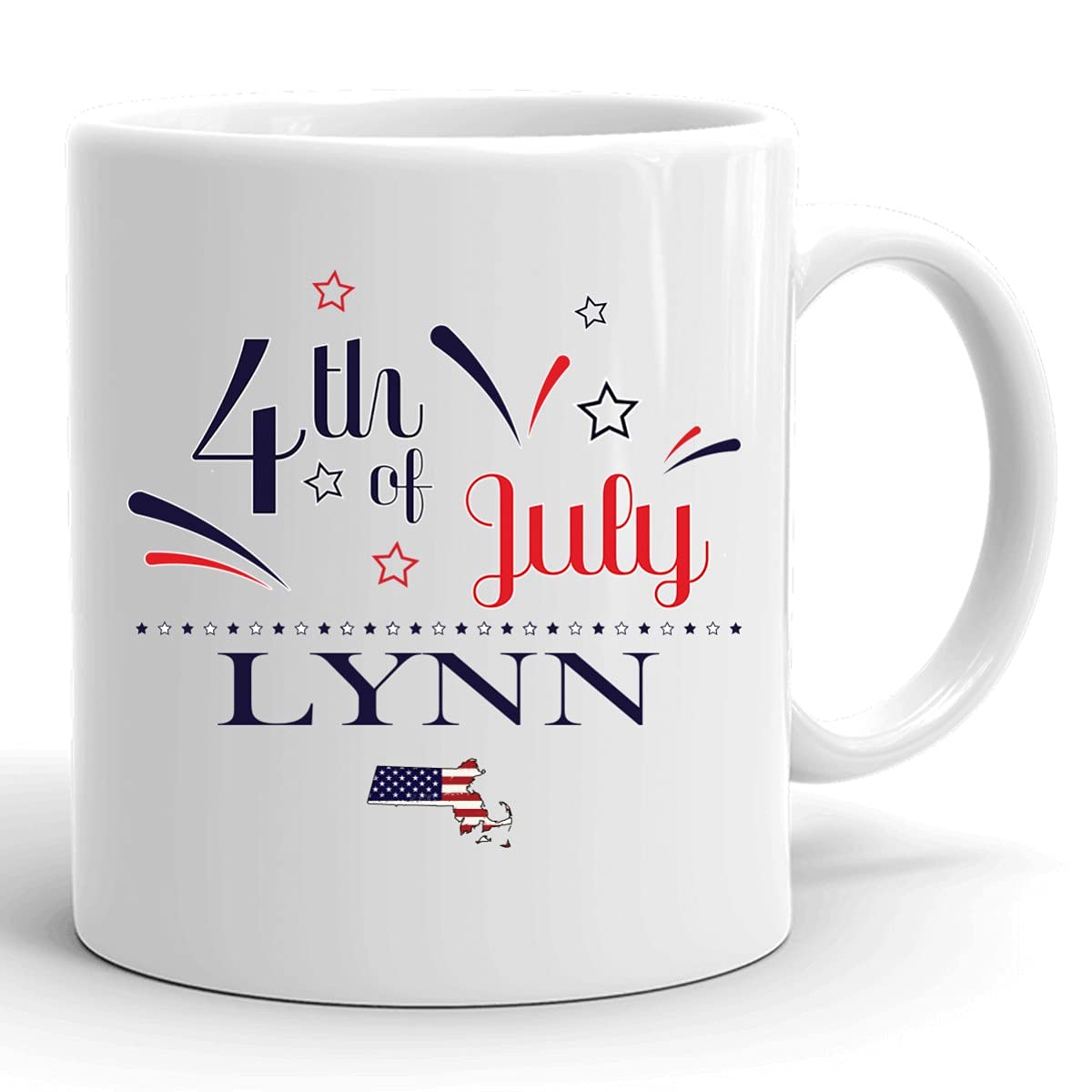 Personalized 11oz Coffee Mug with USA Flag - Custom Independence Day Cup for Any City & State - Happy 4th of July Gift - White Ceramic Travel Mug - Perfect for Home, Office & Patriotic Celebrations in Lynn Massachusetts
