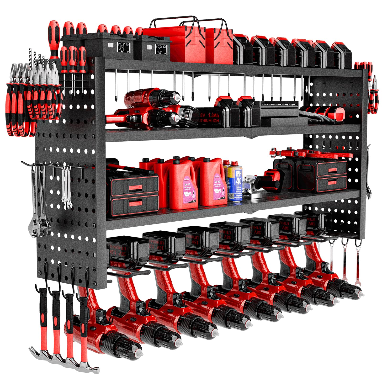 Heavy Duty 8 Drill 4 Layer Cordless Drill Hanger - Wall Mount Power Tool Organizer with Pegboard & Hooks for Garage Storage - Perfect for Screwdriver, Wrench & DIY Tool Organization (Garage, Workshop, Home Improvement)