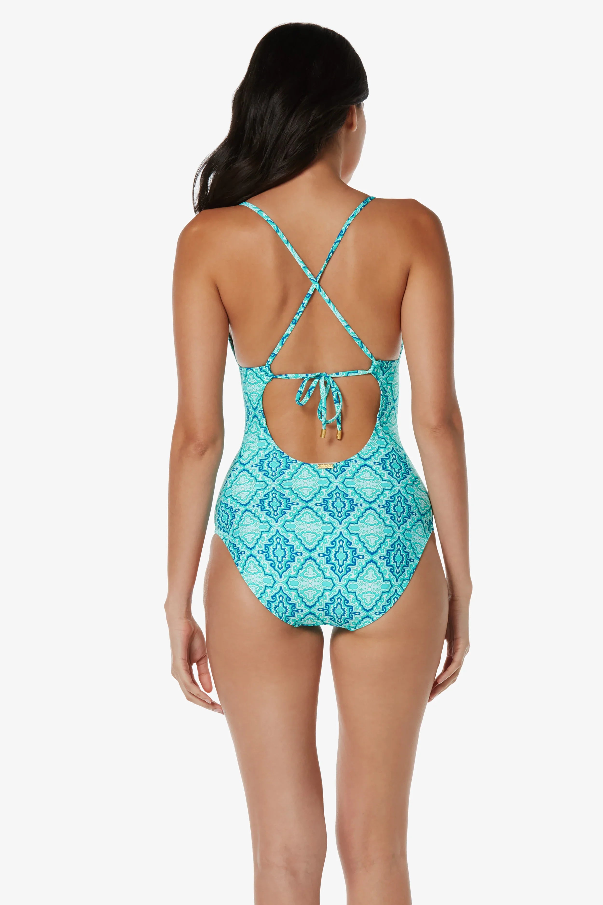 Elegant Tie Back One Piece Swimsuit | Marbella Tile Print | Perfect for Beach Vacations & Pool Parties