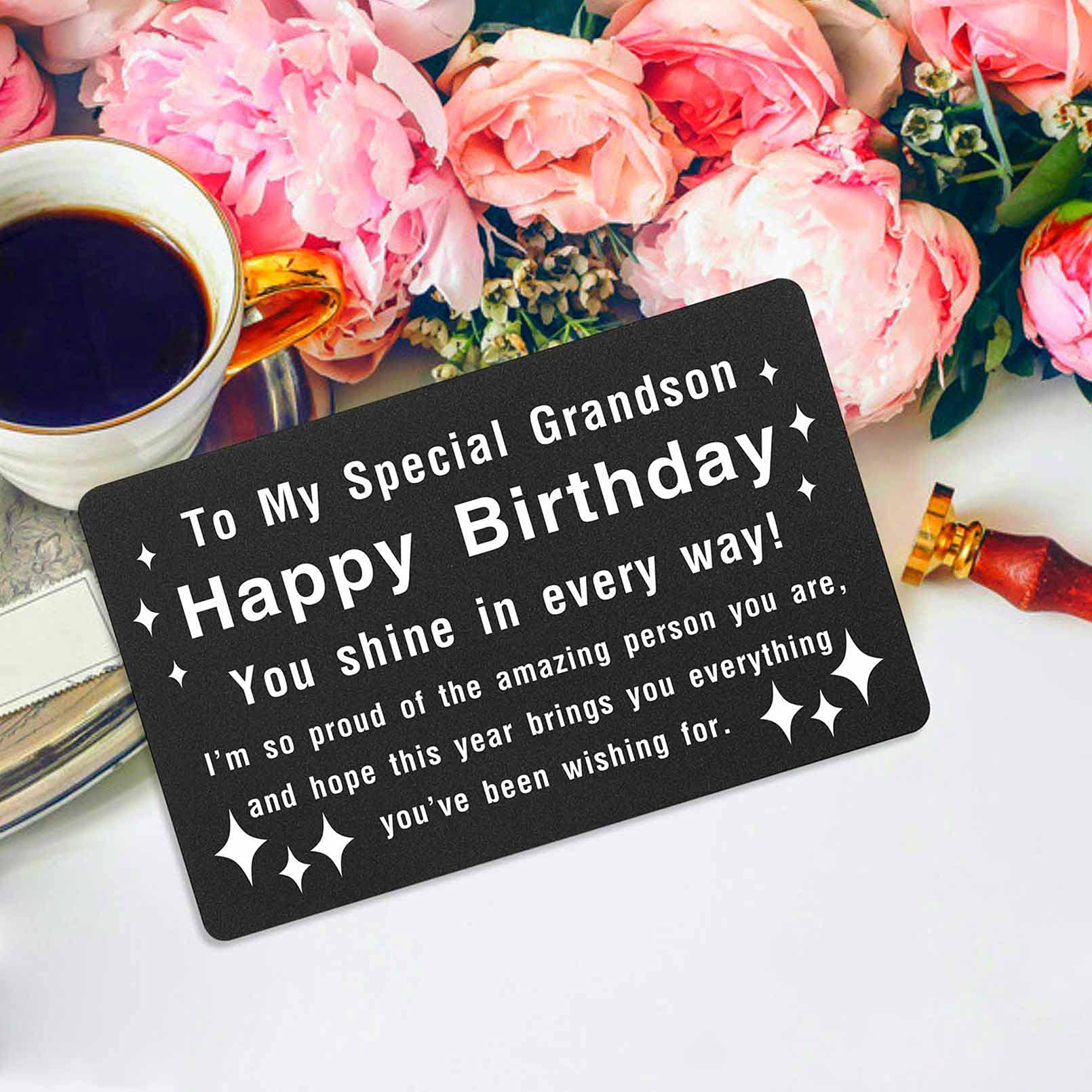 Personalized Grandson Birthday Cards & Gifts - Engraved Black Aluminum Keepsake for Amazing Grandson | Birthday Celebration, Grandparent-Grandchild Bonding, Special Occasion Present