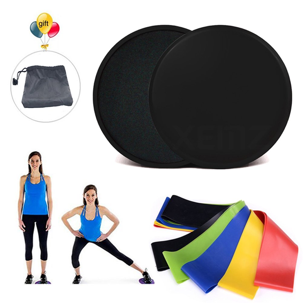 XEMZ Dual Sided Gliding Discs Core Sliders with 5 Resistance Bands & Storage Pouch - Full Body Workout Equipment for Abs, Arms, Legs & Back - Home Gym & Travel Fitness Gear - Works on Carpet & Hard Floors (Perfect for Pilates, Yoga & Strength Training)