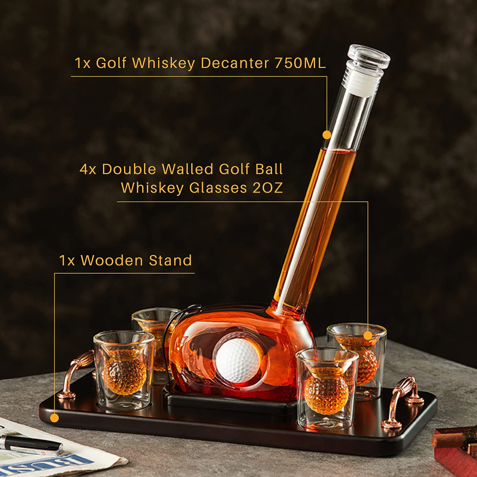 Premium Golf Whiskey Decanter Set with 4 Golf Ball Shot Glasses - 750ml Glass Liquor Dispenser for Bourbon, Scotch, Vodka & Tequila - Unique Golf Gifts for Men - Perfect for Father's Day, Birthday & Golf-Themed Parties