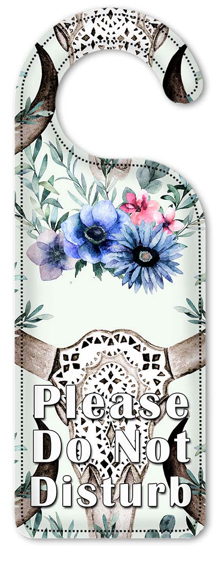 Western Style Do Not Disturb Door Hanger Sign - Bull Skull & Blue Floral Art Plates for Home Decor | Perfect for Hotels, Bedrooms, and Vacation Rentals
