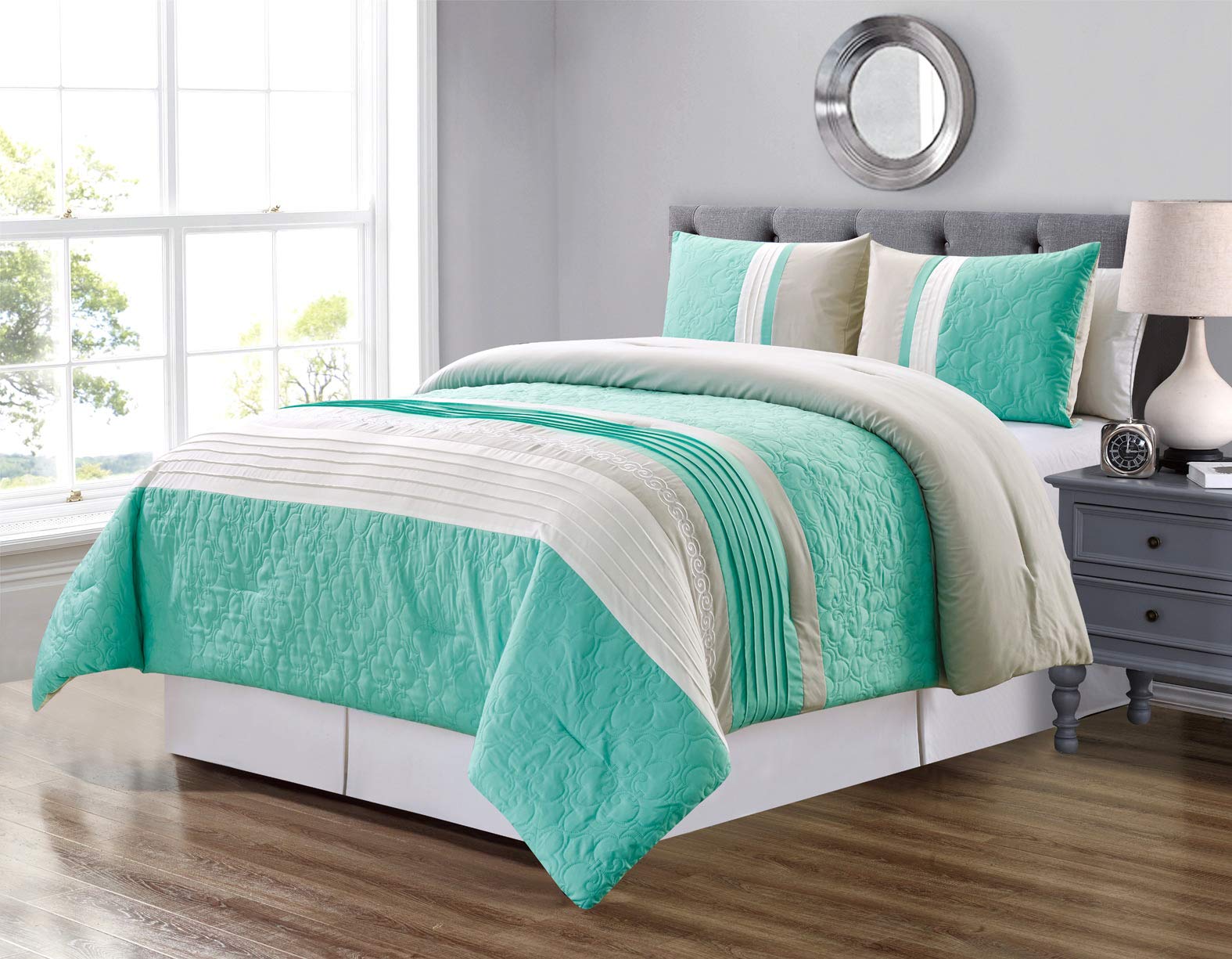 3-Piece Turquoise Blue Grey White Scroll Embroidery Queen Size Bed in a Bag Down Alternative Comforter Set | Soft Luxury Bedding for Master Bedroom, Guest Room & Dorm Decor