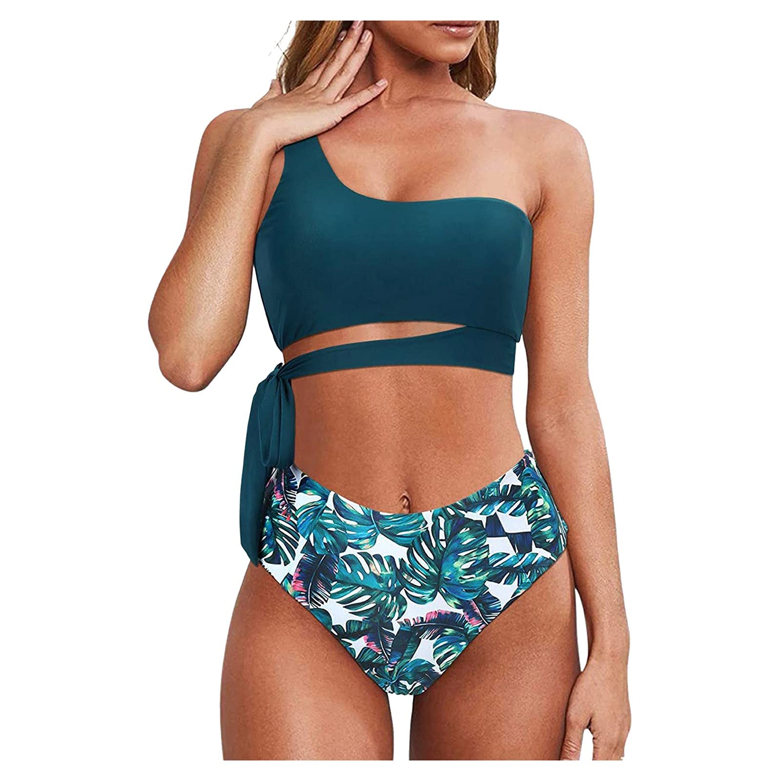 PLENTOP Women's One Shoulder High Waisted Bikini Set - Sexy Tie Side High Cut Two Piece Swimwear for Beach, Pool Party & Summer Vacation