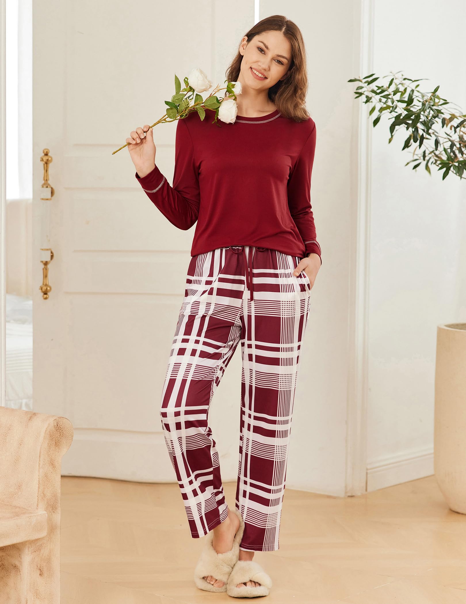 Ekouaer Women's Pajama Set 2 Pack - Soft Long Sleeve Sleepwear with Pockets for Lounge & Sleep S-XXL