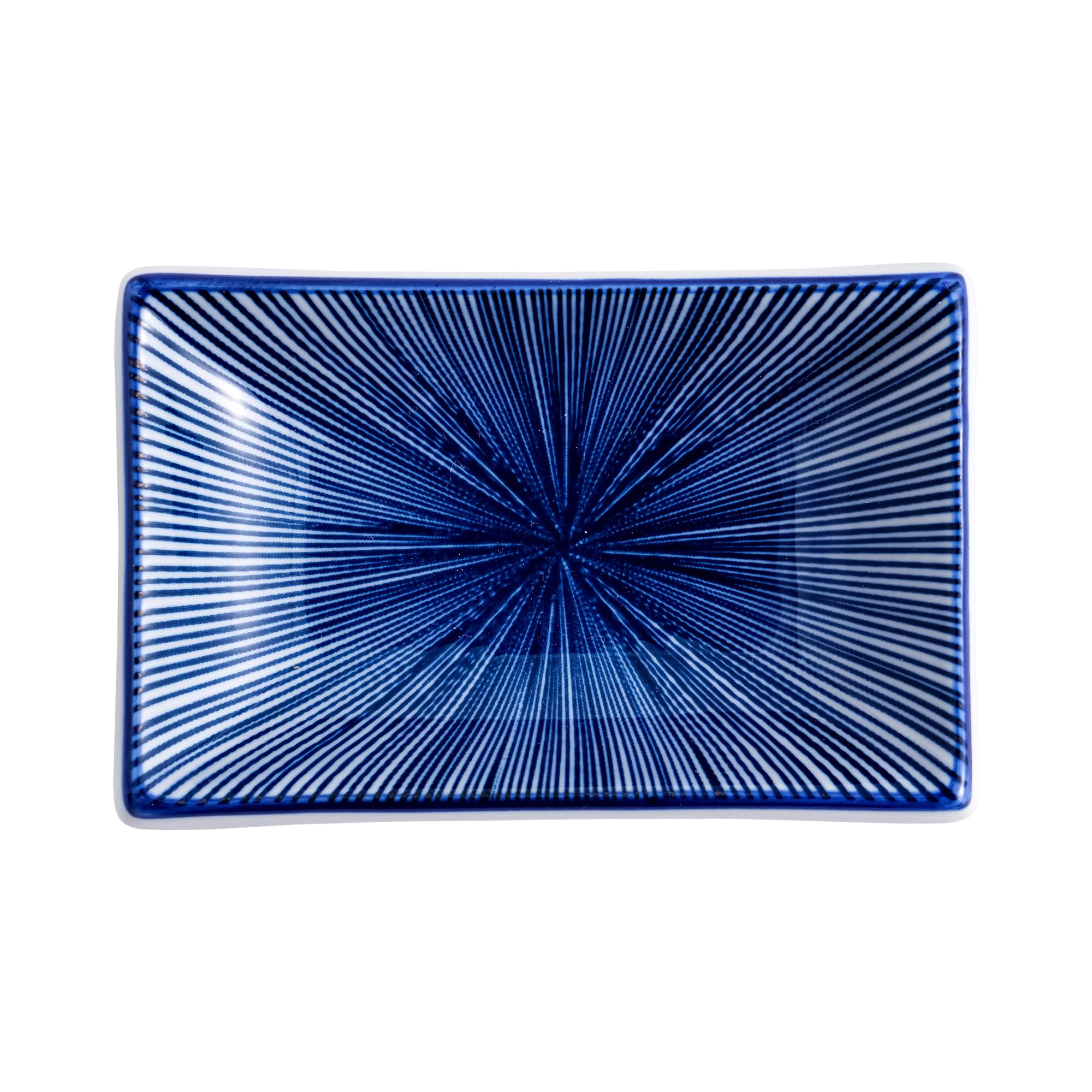4 Inch Ceramic Sauce Dish - Japanese Rectangular Sushi Dipping Bowl, Seasoning Dishes & Appetizer Plates for Soy Sauce, Wasabi, Snacks - Home Kitchen Serving Set (4-Pack, Blue Radial) - Perfect for Sushi Nights, Dinner Parties & Asian Cuisine