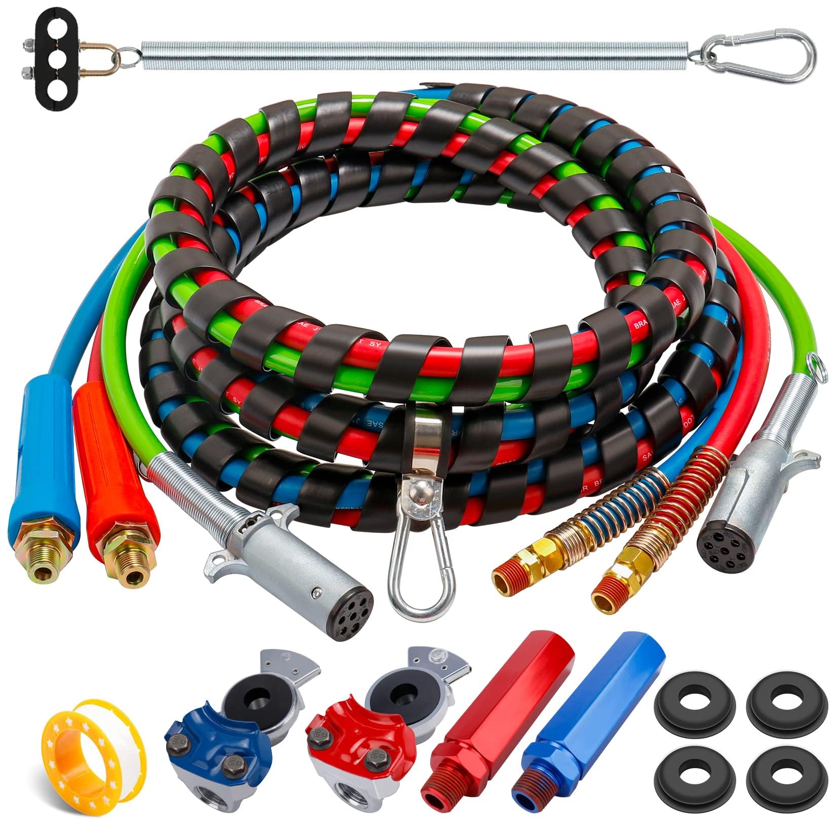 KOOTANS 15FT Semi Truck Air Brake Lines Kit - 3-in-1 Red & Blue Air Hoses with 7-Way Trailer Cord, Glad Hands & Tender Spring for Tractor Trailers | Heavy Duty Replacement for Freightliner, Peterbilt, Kenworth | Ideal for Long Haul Trucking & Fleet Maintenance