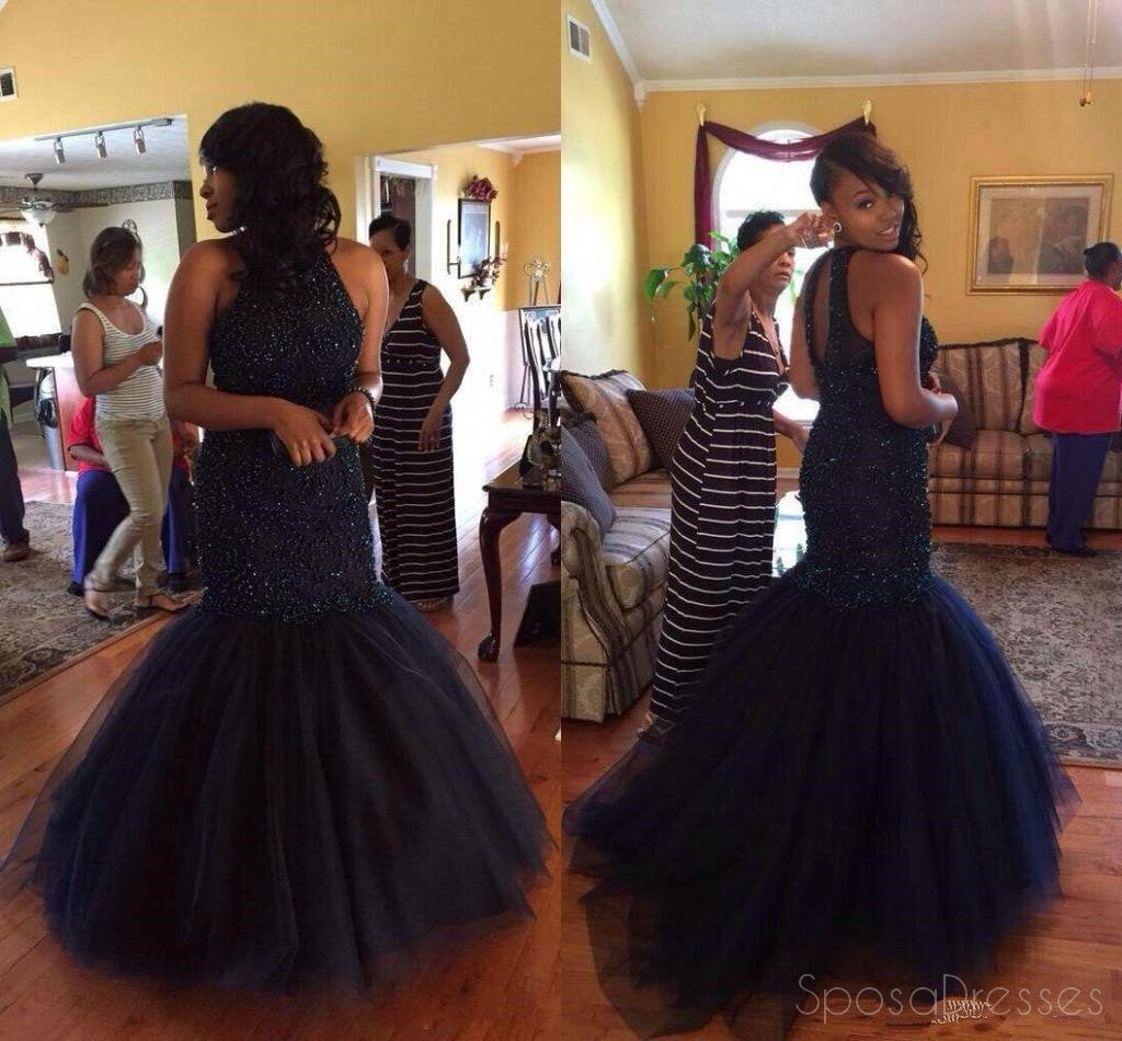 Elegant Navy Beaded Halter Mermaid Evening Prom Dress | Long Blush Pink Formal Party Gown | Custom Tailored Prom Dresses for Women | Perfect for Homecoming, Prom Night & Special Occasions