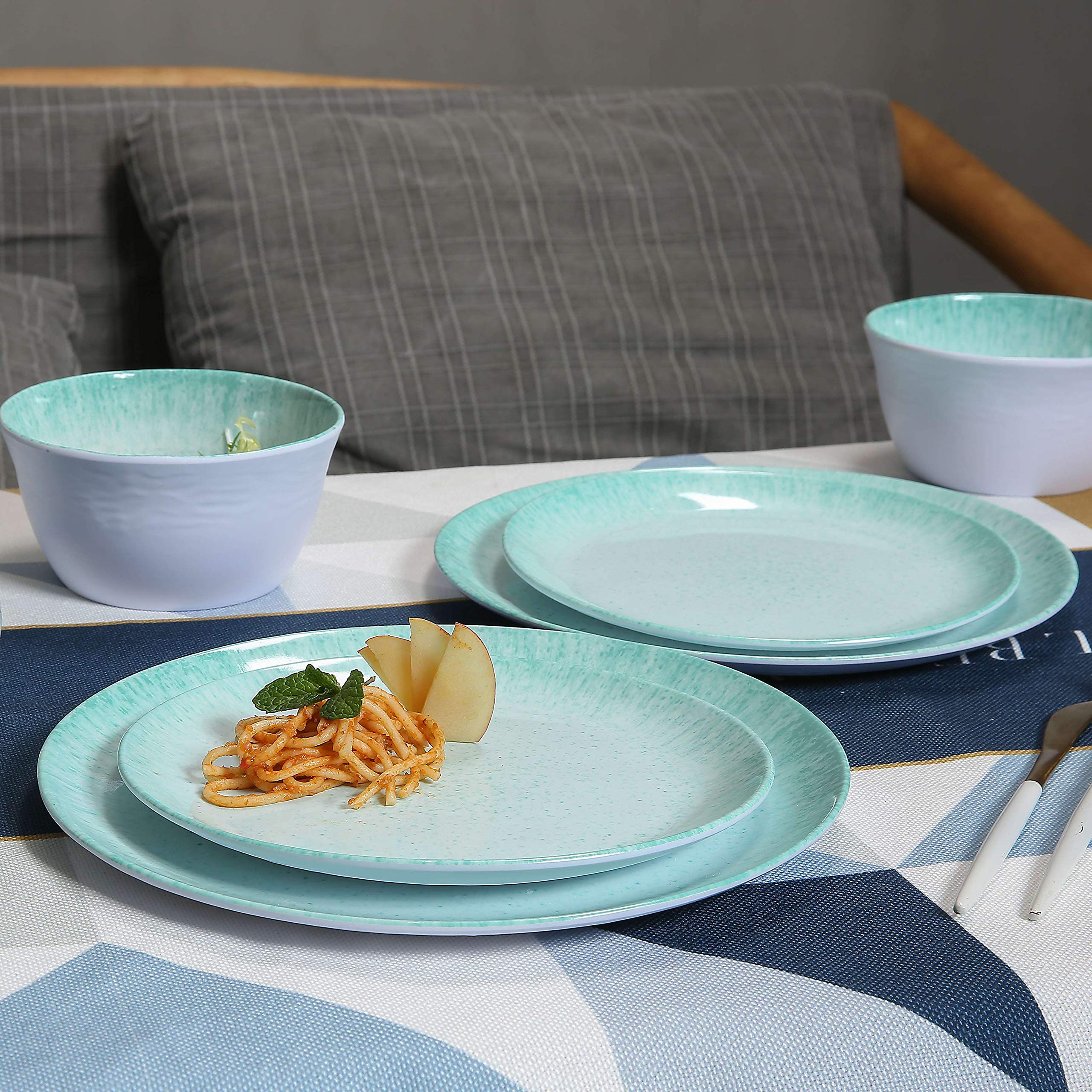 12-Piece Melamine Dinnerware Set - Durable Plates & Bowls for 4, Turquoise with Spot Design - Perfect for Outdoor Dining, Picnics, and Pool Parties