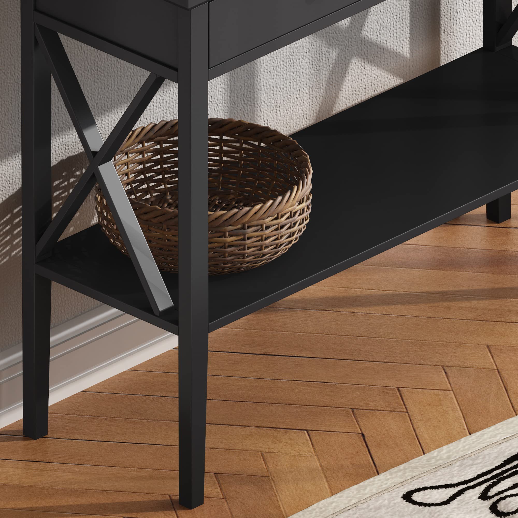 ChooChoo Narrow Wood Console Table with Drawers & Storage Shelf - Entryway Sofa Table for Hallway, Living Room & Front Hall | Perfect for Small Spaces & Home Decor Organization (Black)