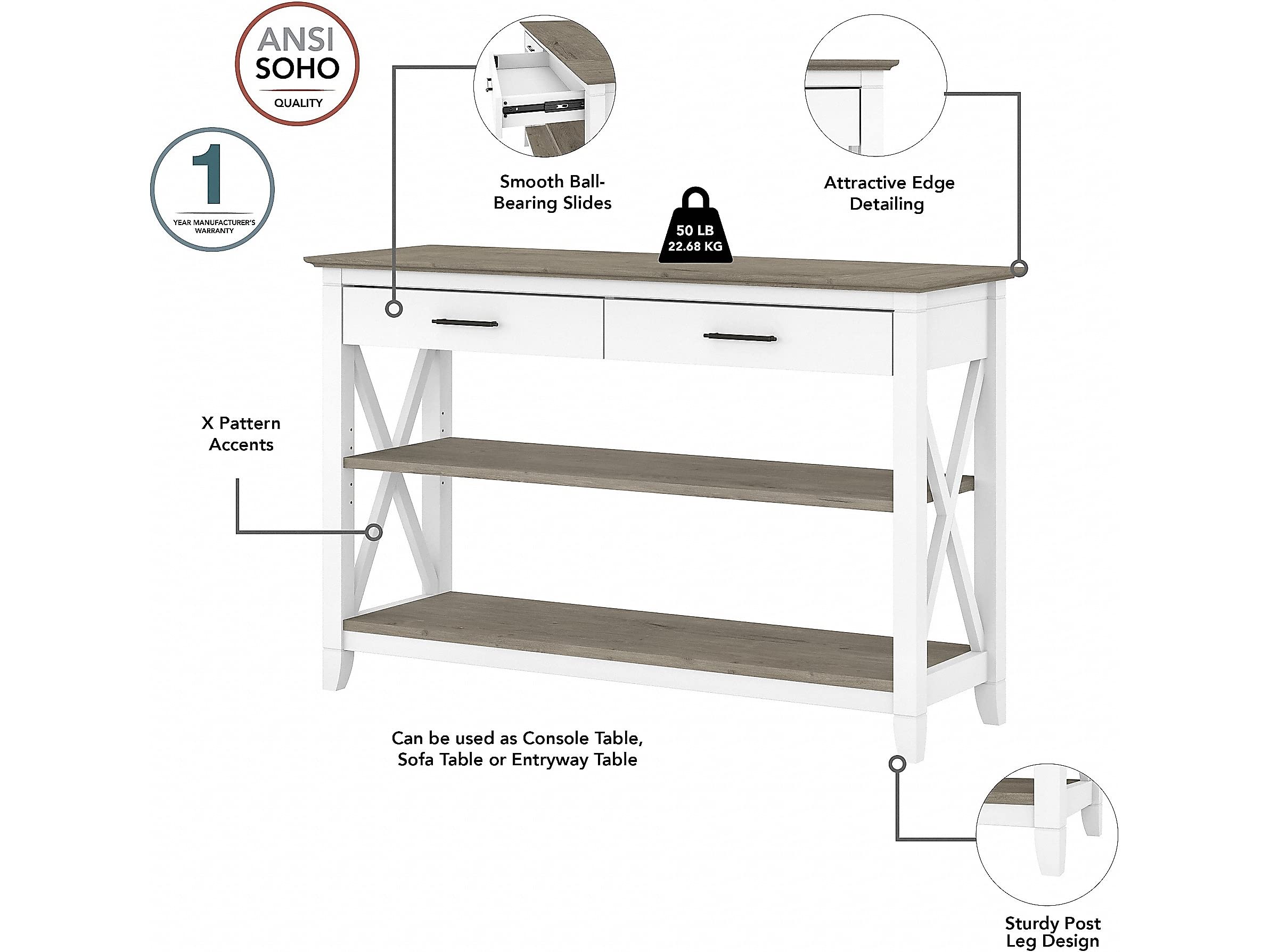 Bush Furniture Key West Console Table with Drawers & Shelves - Pure White & Shiplap Gray Finish | Entryway, Living Room & Hallway Storage Solution