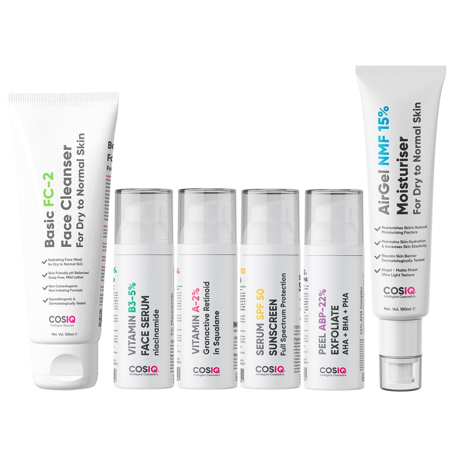 **Cos-IQ Complete Anti-Aging Skincare Kit for Dry Skin (30+ Years) – SPF 50 Sunscreen, 22% ABP Exfoliating Peel, 5% Niacinamide Serum, 15% AirGel Moisturizer, 2% Retinoid, FC-2 Face Wash – Daily Hydration & Wrinkle Reduction for Mature Skin**    *(Perfect for Dry Skin Care Routine, Sun Protection, Nighttime Repair & Anti-Aging Regimen)*