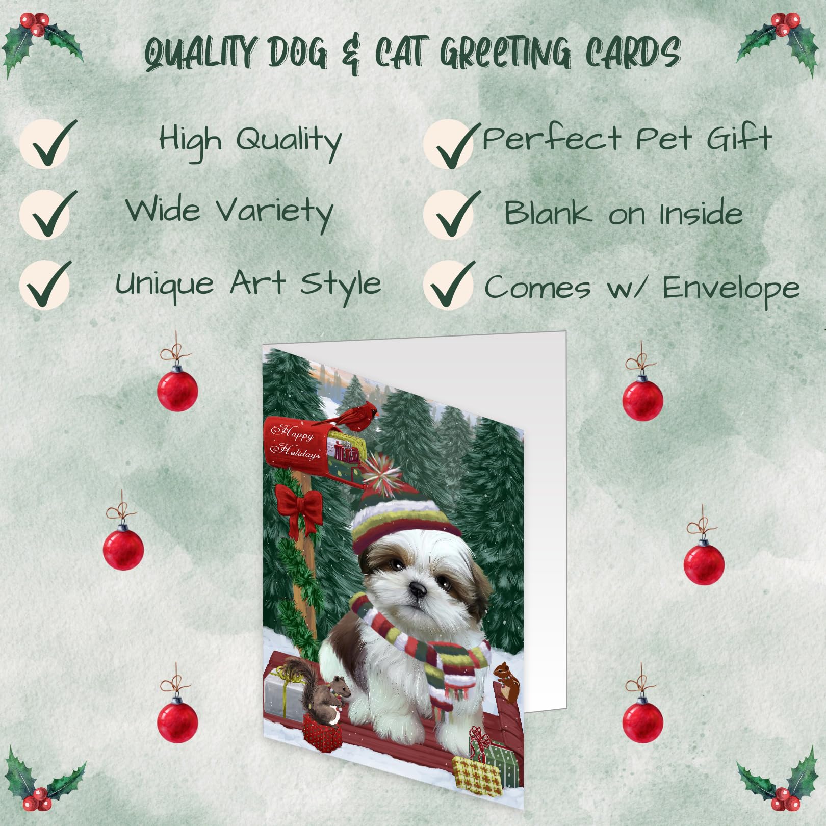 Christmas Woodland Sled Shih Tzu Dog Greeting Cards - 10 Pack Adorable Pet Holiday Cards with Envelopes - Cute Dog Christmas Invitations for Pet Lovers - Perfect for Holiday Greetings, Gift Exchanges & Festive Decorations